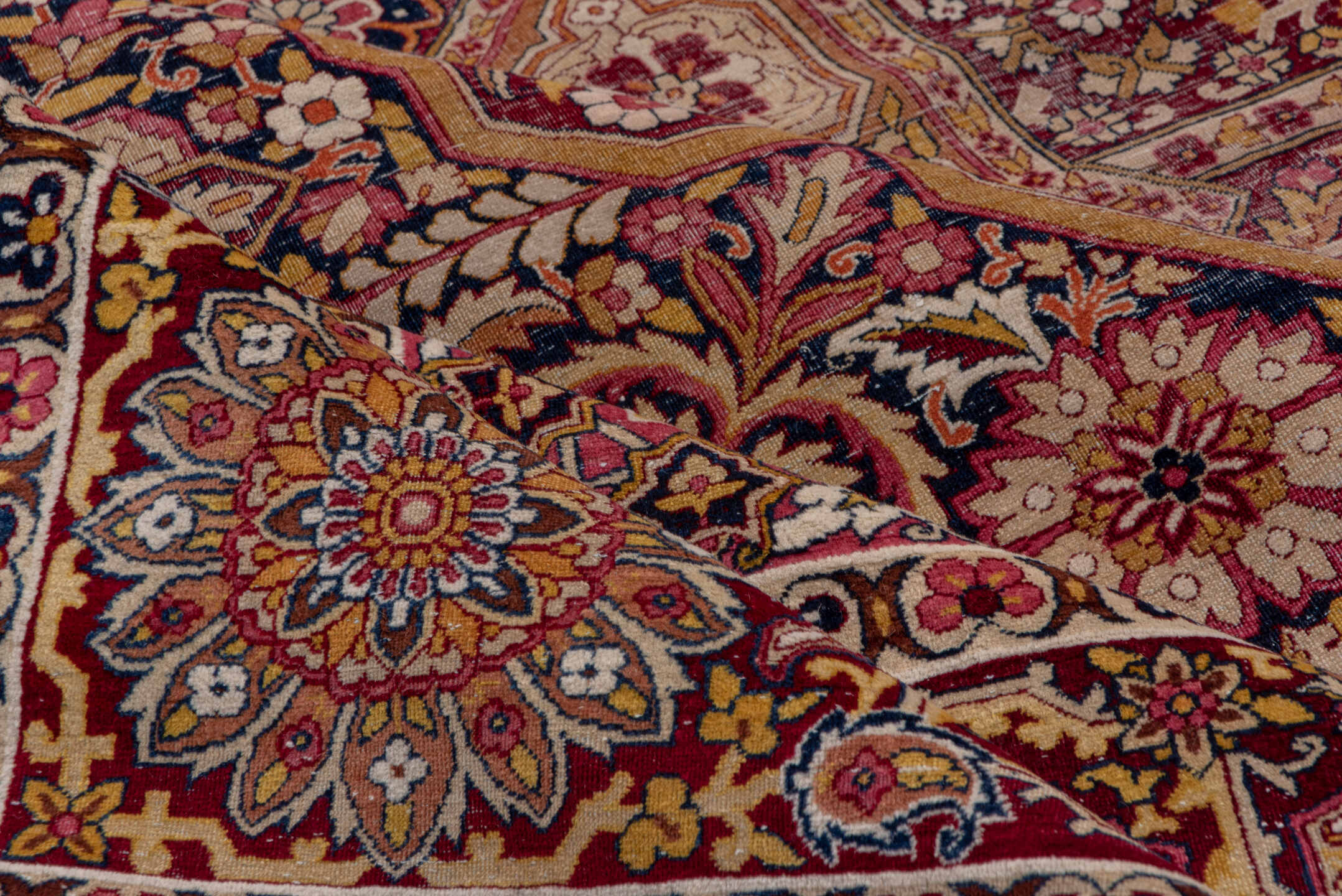 11' x 17' one-of-a-kind handmade antique Lavar oversize rug. Color palette: burgundy, ivory, navy, rose, gold, rust, camel