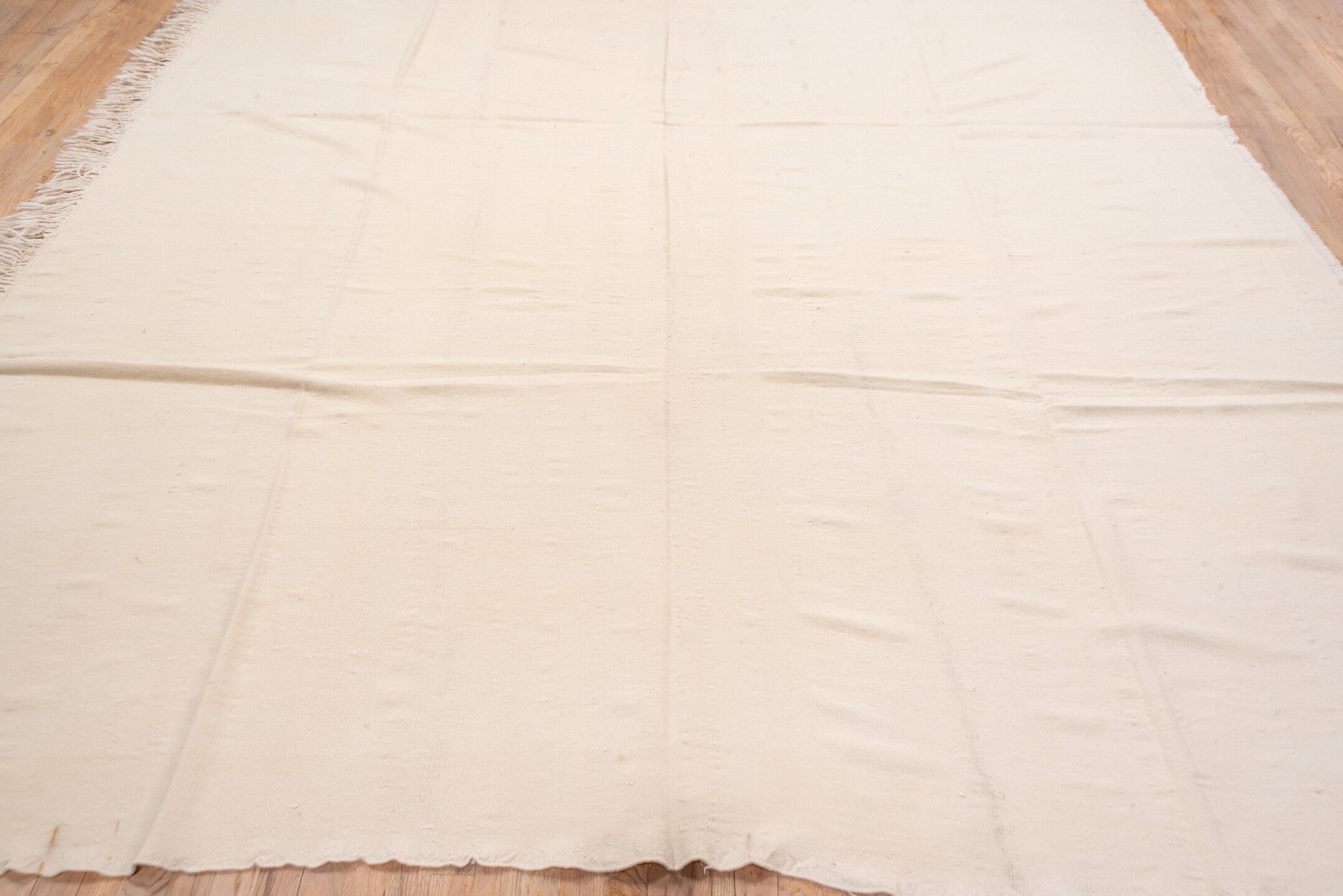 9' x 13' one-of-a-kind handmade vintage Flatweave large size rug. Color palette: antiquewhite, blanched almond, brown, gray