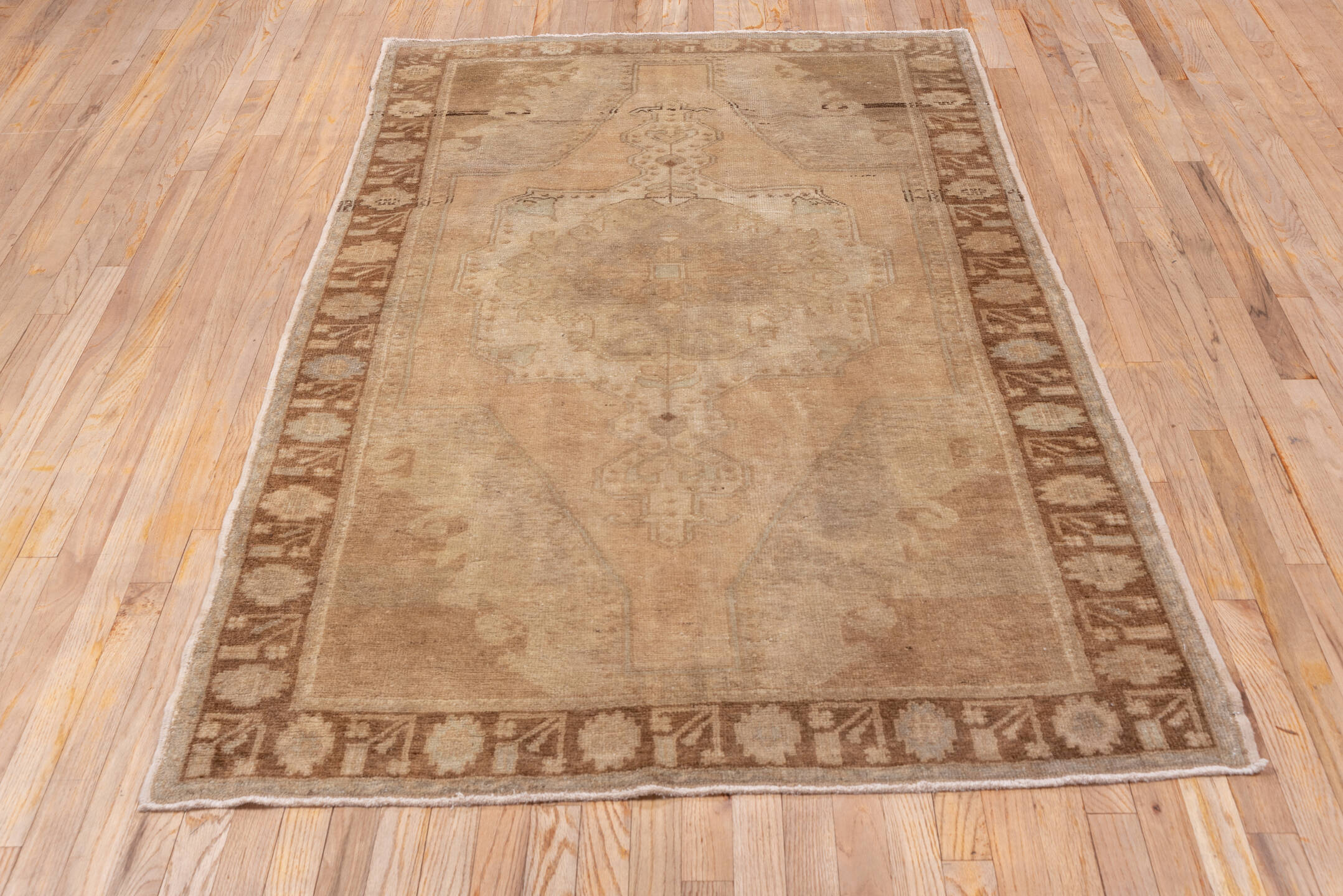 4' x 7' one-of-a-kind handmade vintage Oushak rug. Color palette: brown, gray, light gray, off-white, pink, snow, white