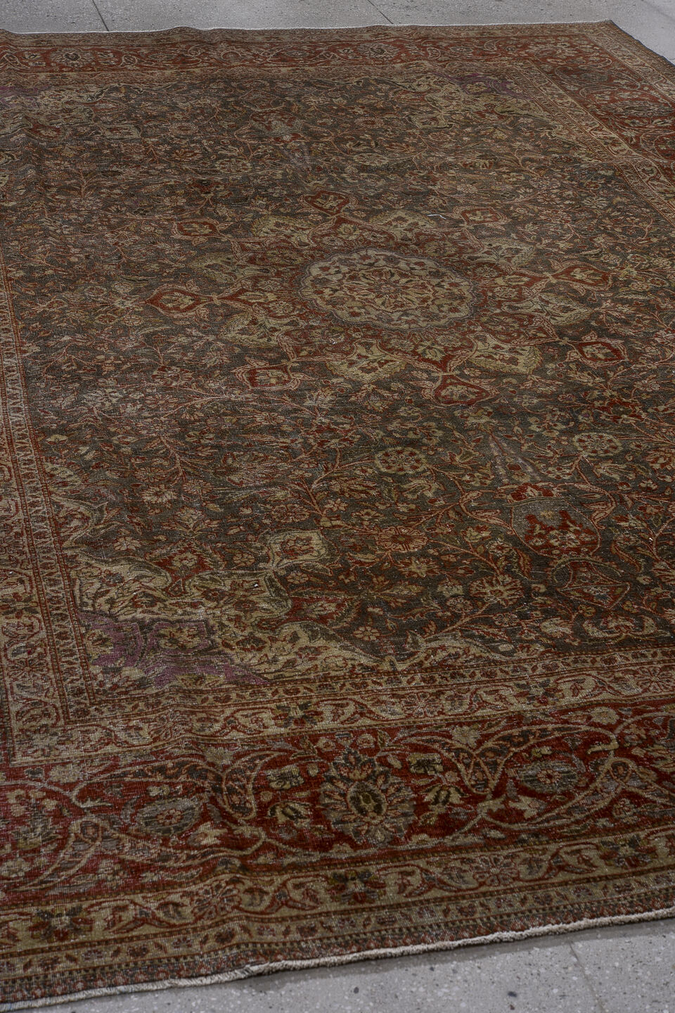8' x 12' one-of-a-kind handmade vintage Tabriz large size rug. Color palette: black, brown, gray, pink, red