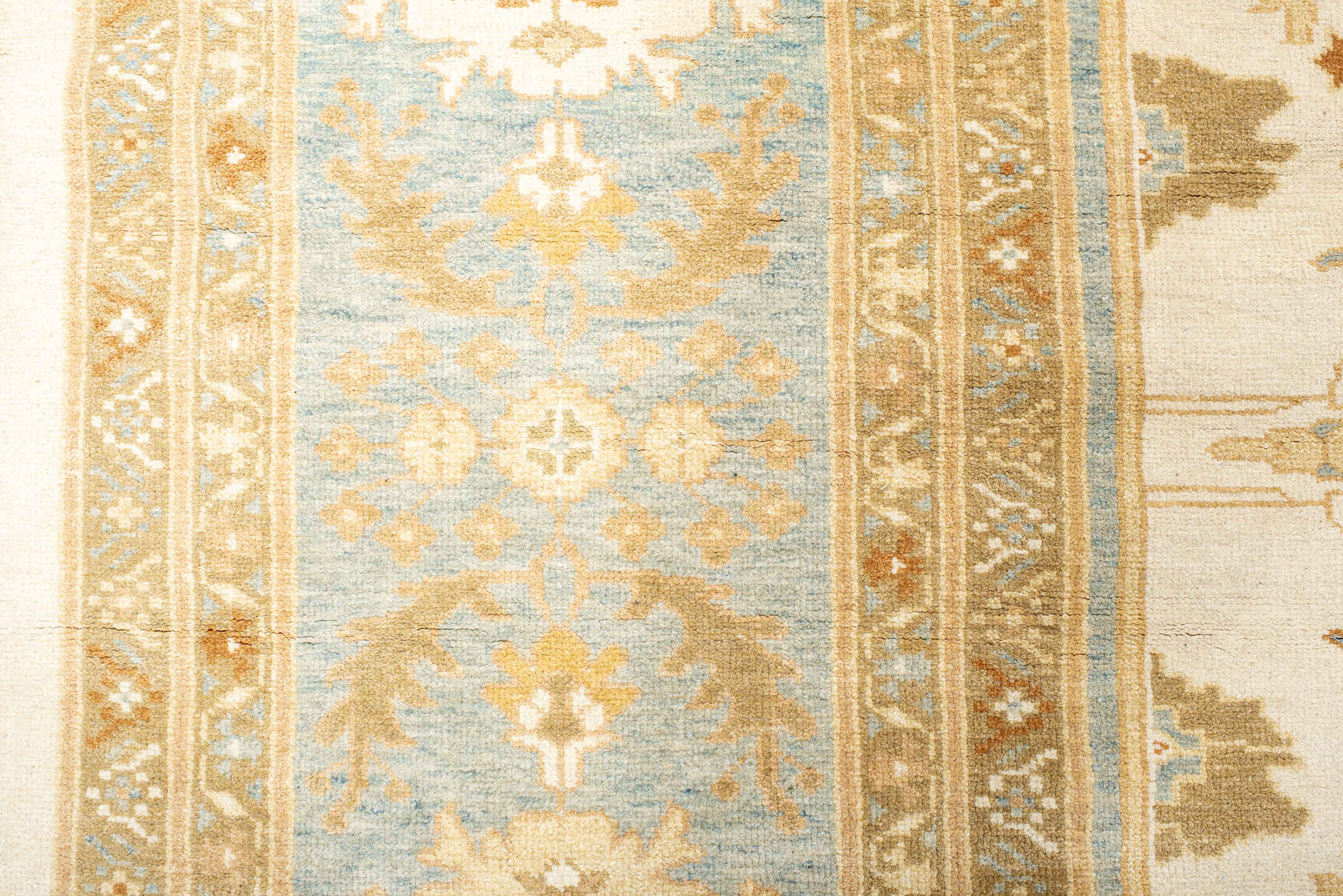 11' x 17' one-of-a-kind handmade vintage Sultanabad oversize rug. Color palette: ivory, sky blue, gold, camel, taupe, rust
