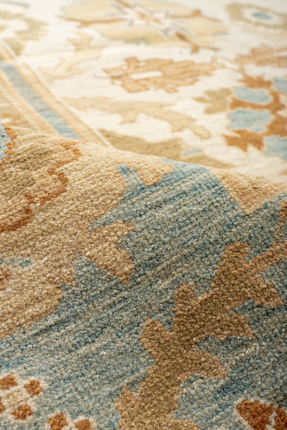 11' x 17' one-of-a-kind handmade vintage Sultanabad oversize rug. Color palette: ivory, sky blue, gold, camel, taupe, rust