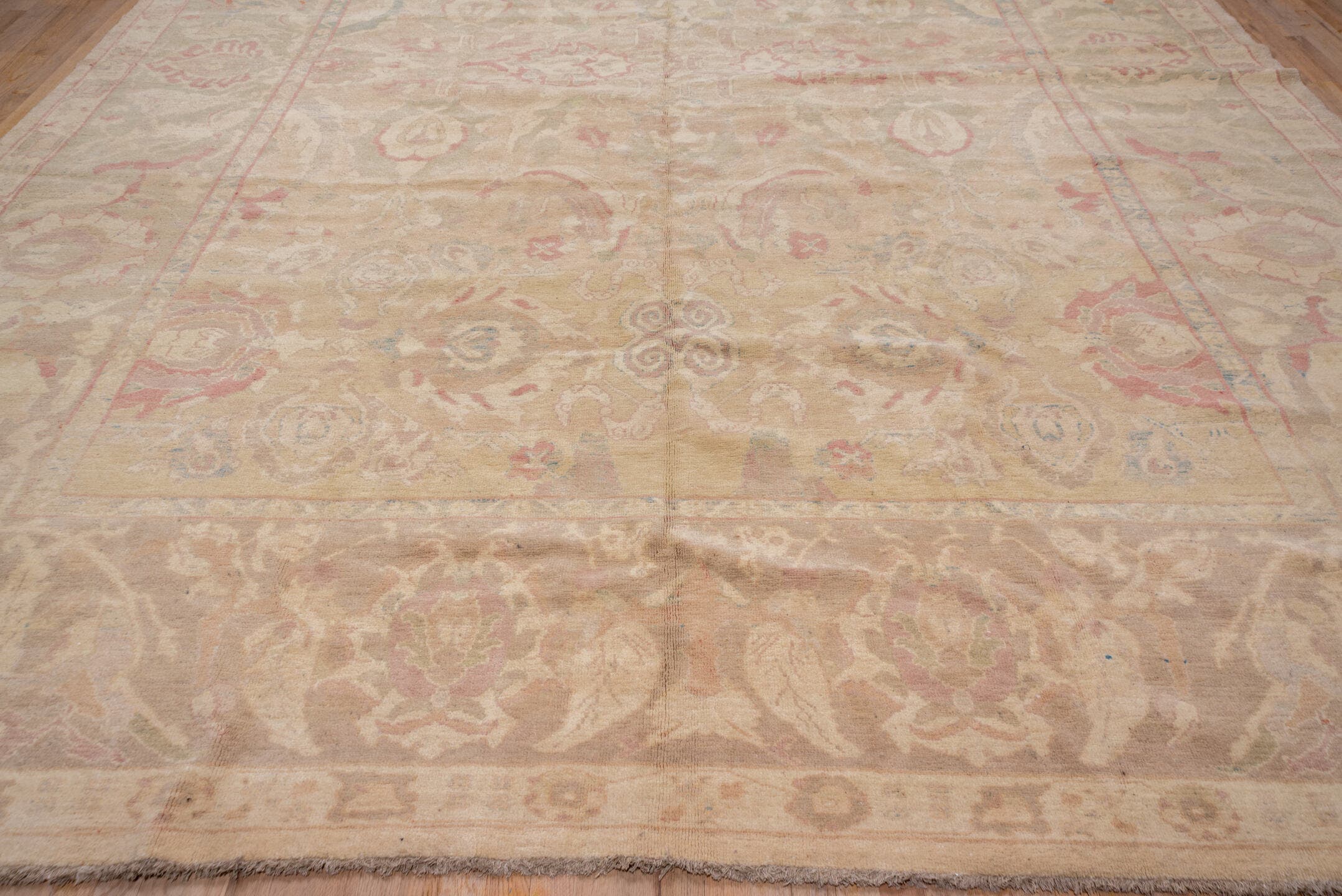 12' x 16' one-of-a-kind handmade vintage Sultanabad oversize rug. Color palette: tan, taupe, rose, sage, ivory, dusty blue