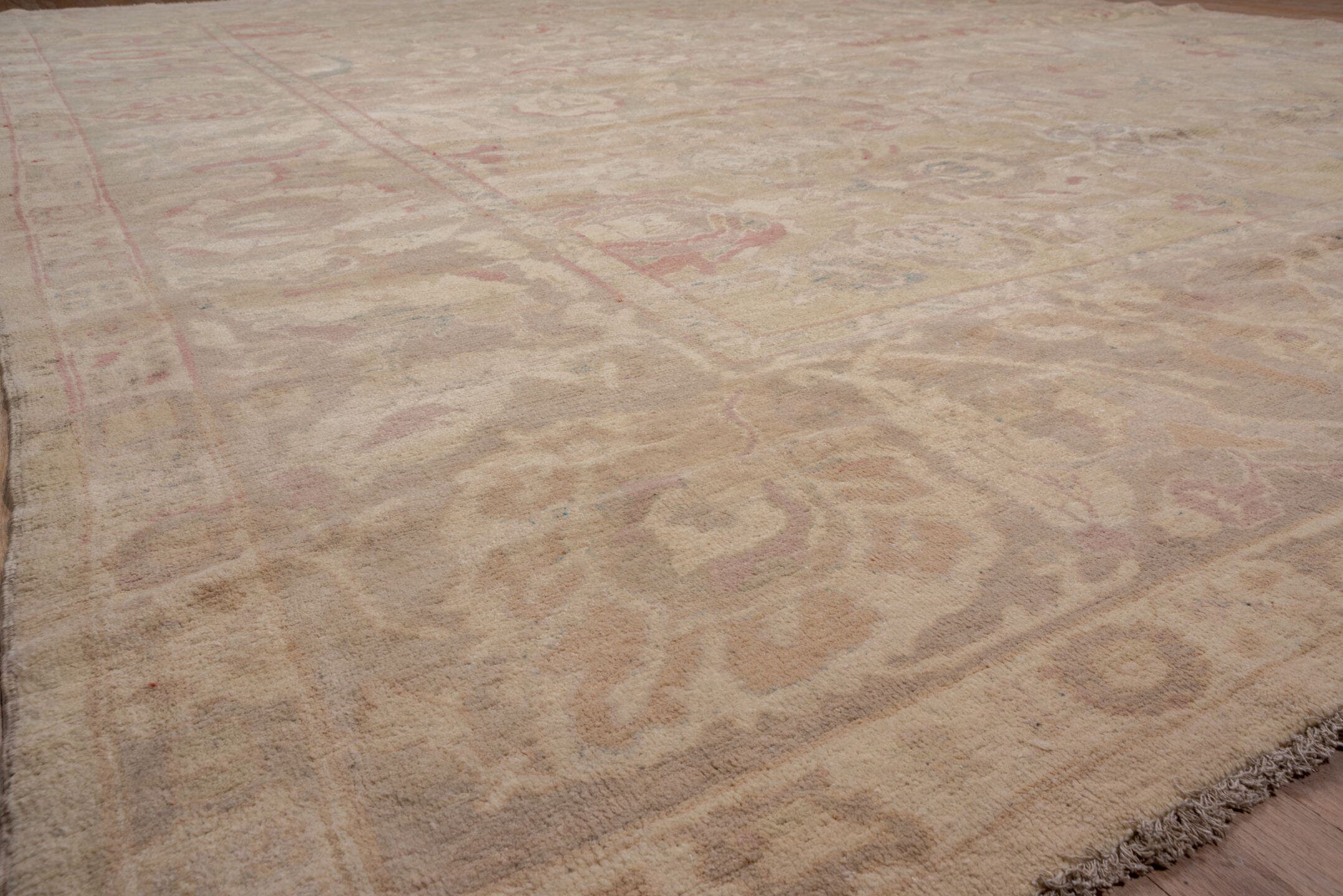 12' x 16' one-of-a-kind handmade vintage Sultanabad oversize rug. Color palette: tan, taupe, rose, sage, ivory, dusty blue