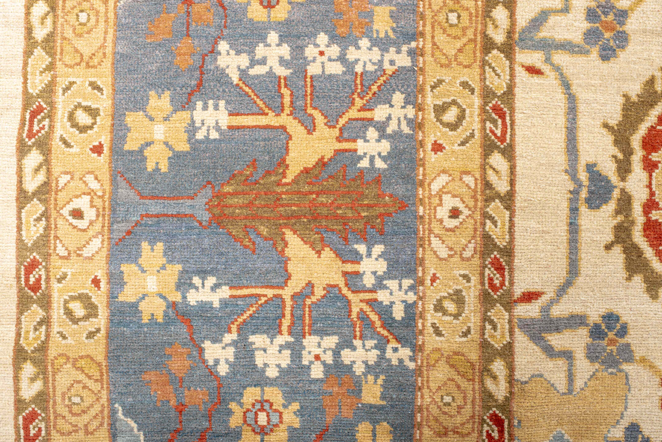 12' x 18' one-of-a-kind handmade vintage Sultanabad oversize rug. Color palette: ivory, powder blue, camel, rust, gold