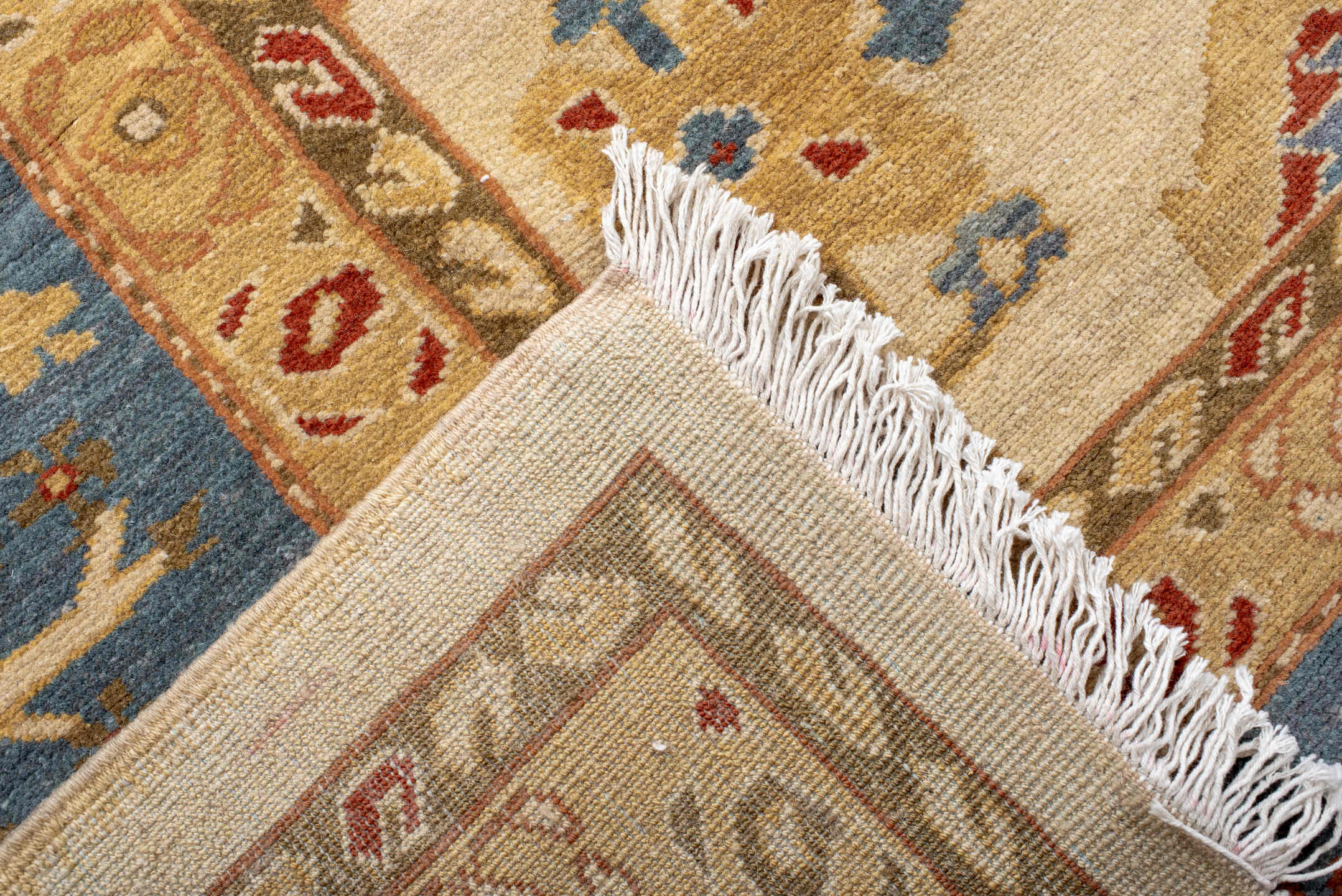 12' x 18' one-of-a-kind handmade vintage Sultanabad oversize rug. Color palette: ivory, powder blue, camel, rust, gold