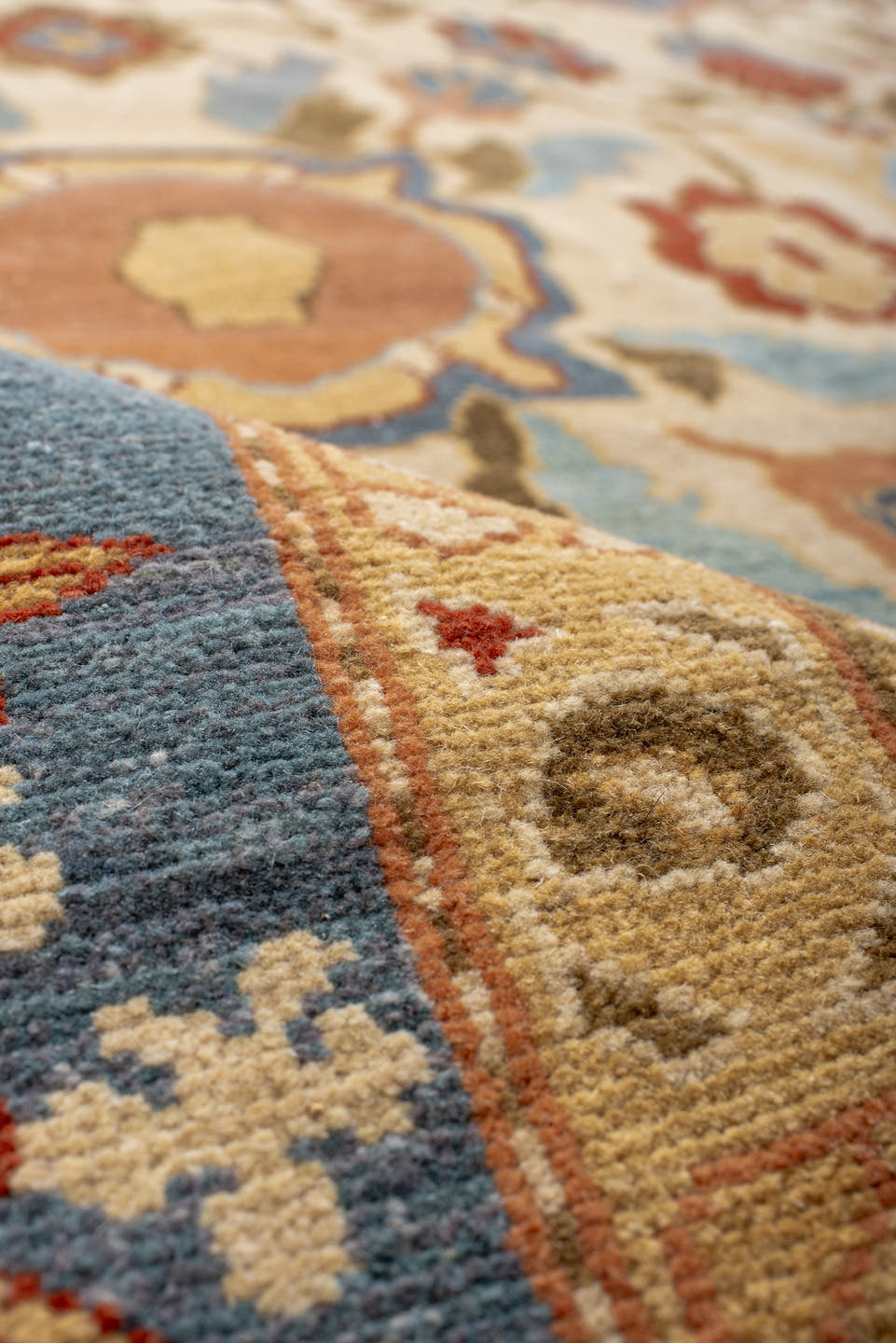 12' x 18' one-of-a-kind handmade vintage Sultanabad oversize rug. Color palette: ivory, powder blue, camel, rust, gold