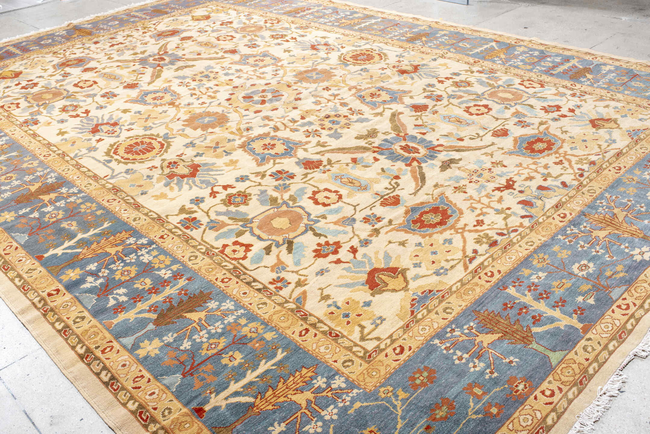 12' x 18' one-of-a-kind handmade vintage Sultanabad oversize rug. Color palette: ivory, powder blue, camel, rust, gold
