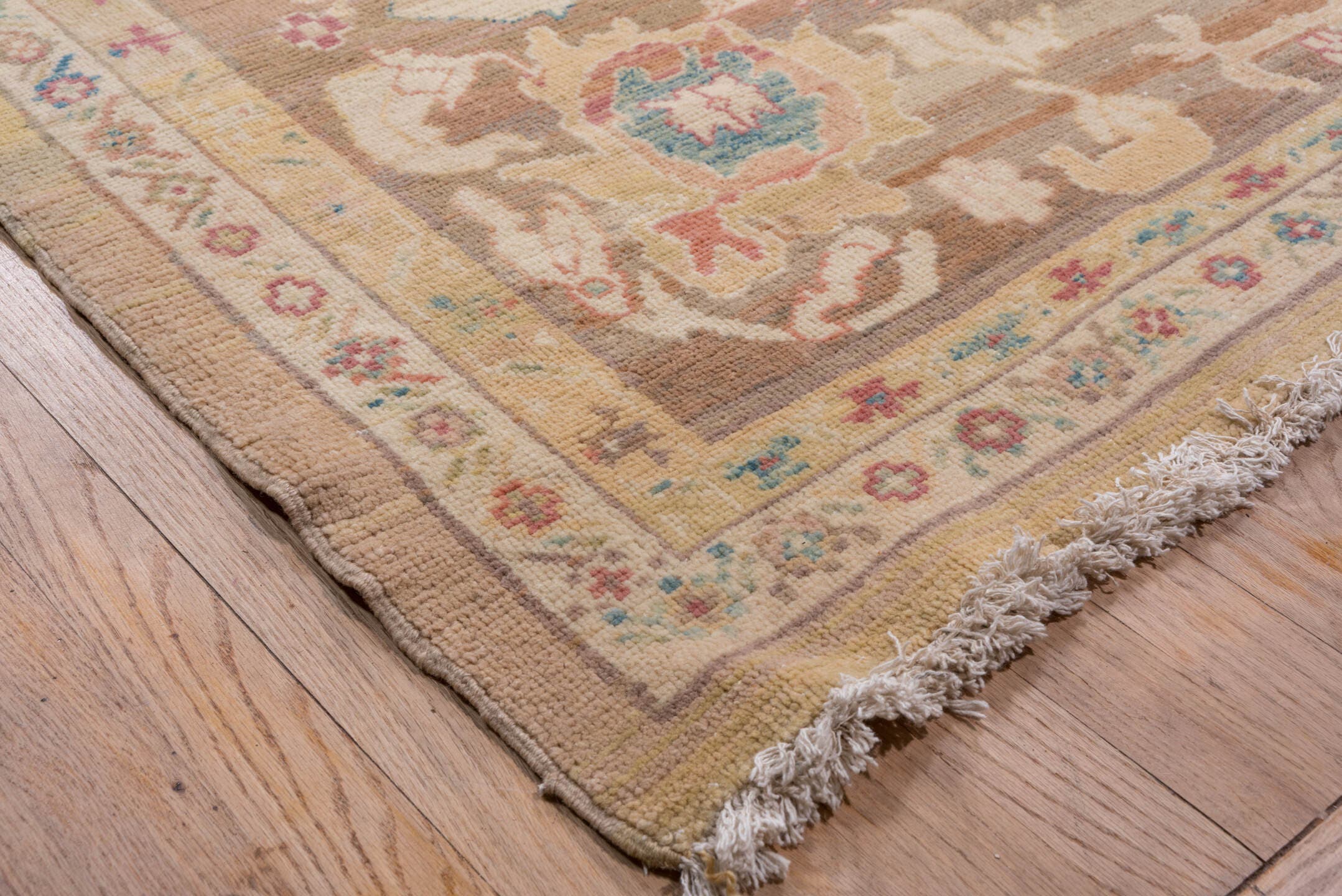 11' x 16' one-of-a-kind handmade vintage Sultanabad oversize rug. Color palette: camel, taupe, beige, ivory, sage