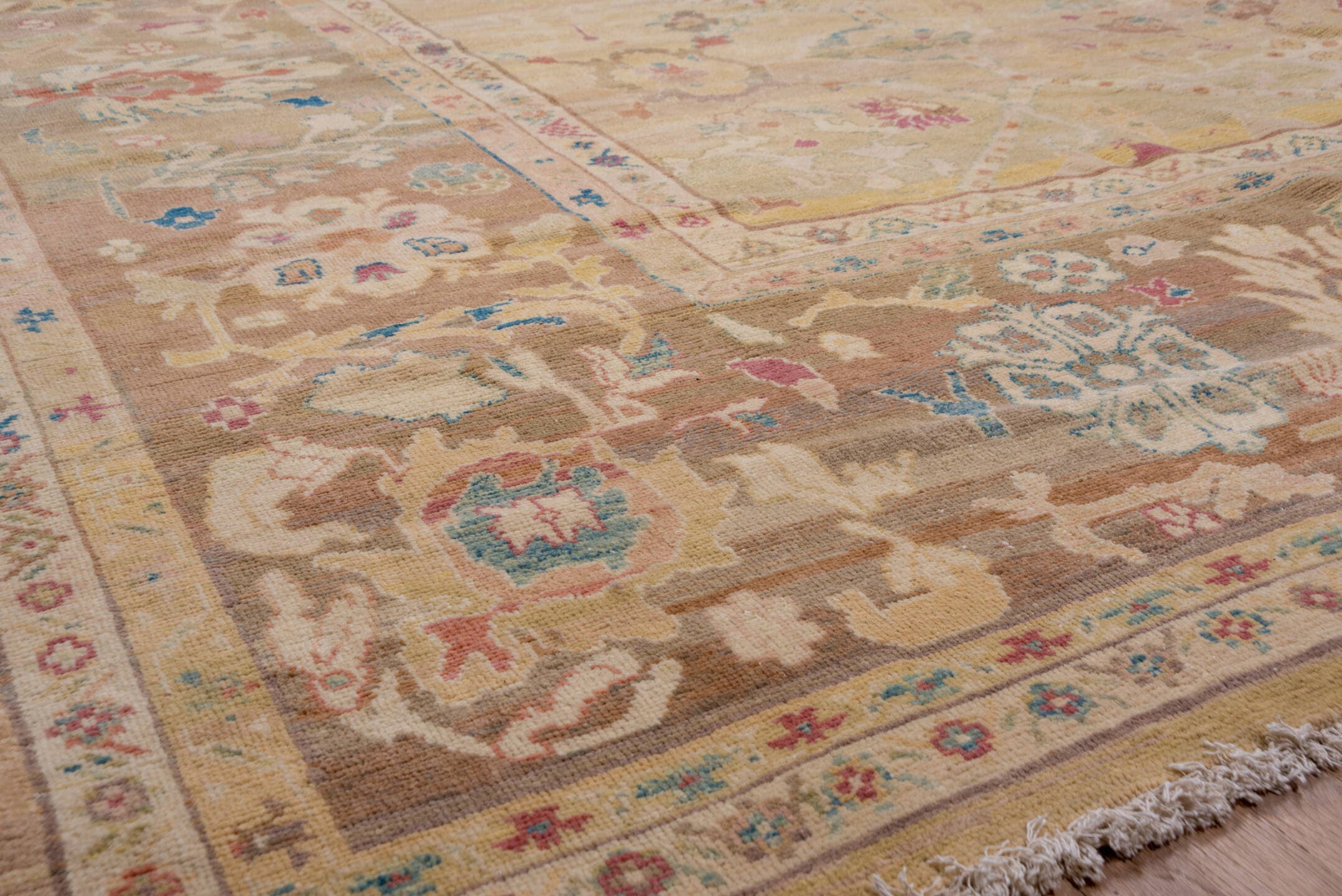 11' x 16' one-of-a-kind handmade vintage Sultanabad oversize rug. Color palette: camel, taupe, beige, ivory, sage