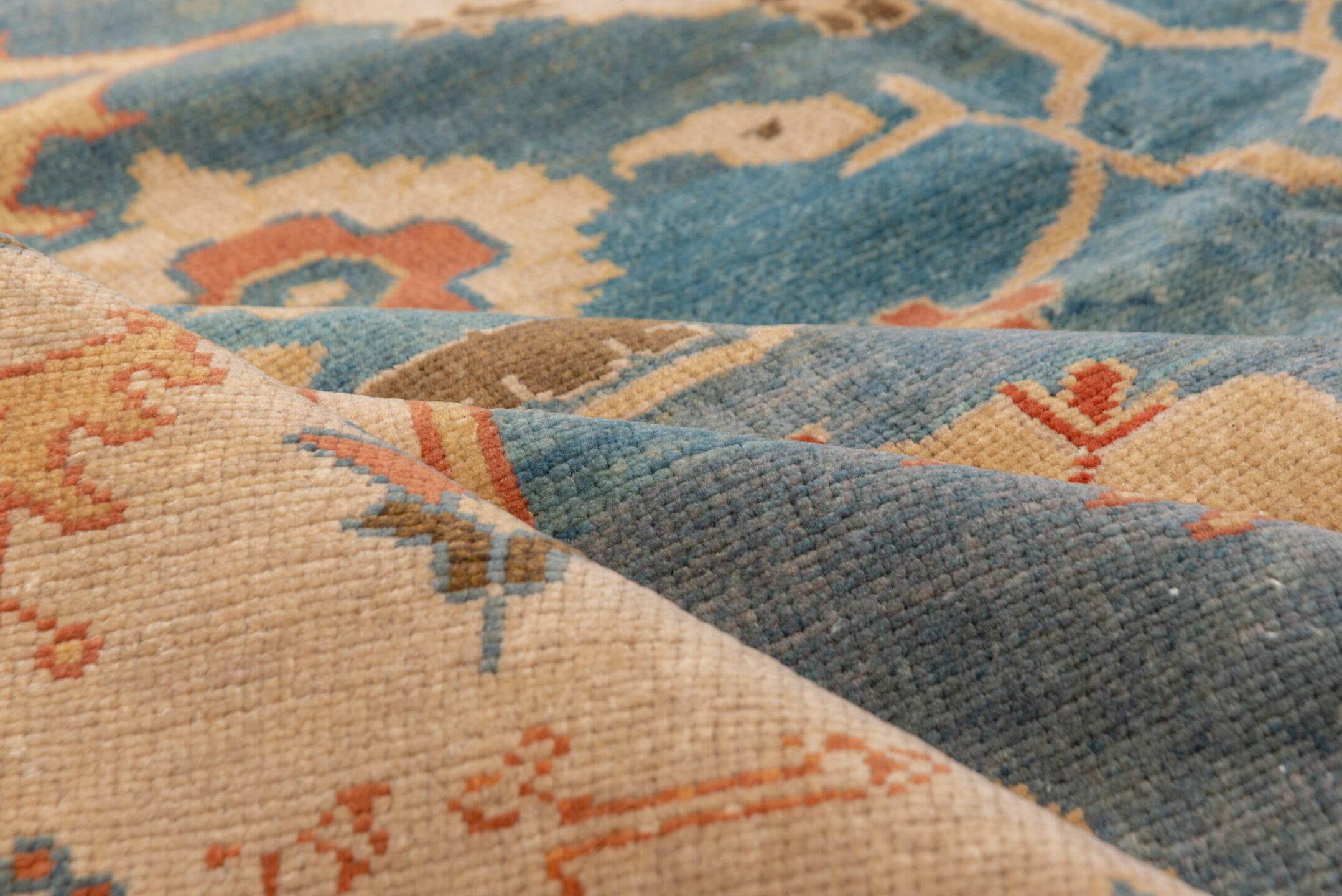 9' x 13' one-of-a-kind handmade vintage Sultanabad large size rug. Color palette: blue, ivory, camel, rust, brown, teal