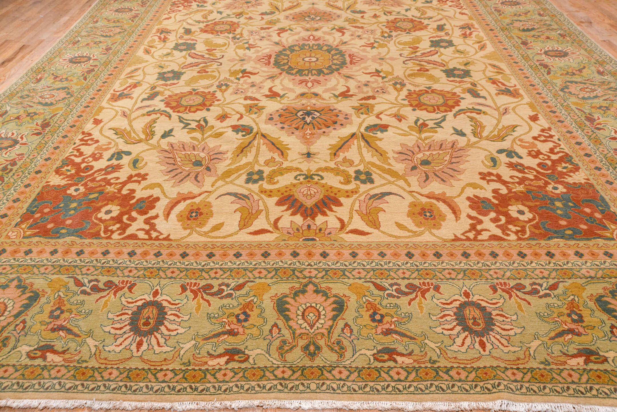 13' x 16' one-of-a-kind handmade vintage Sultanabad oversize rug. Color palette: ivory, beige, terra cotta, sage, gold, teal