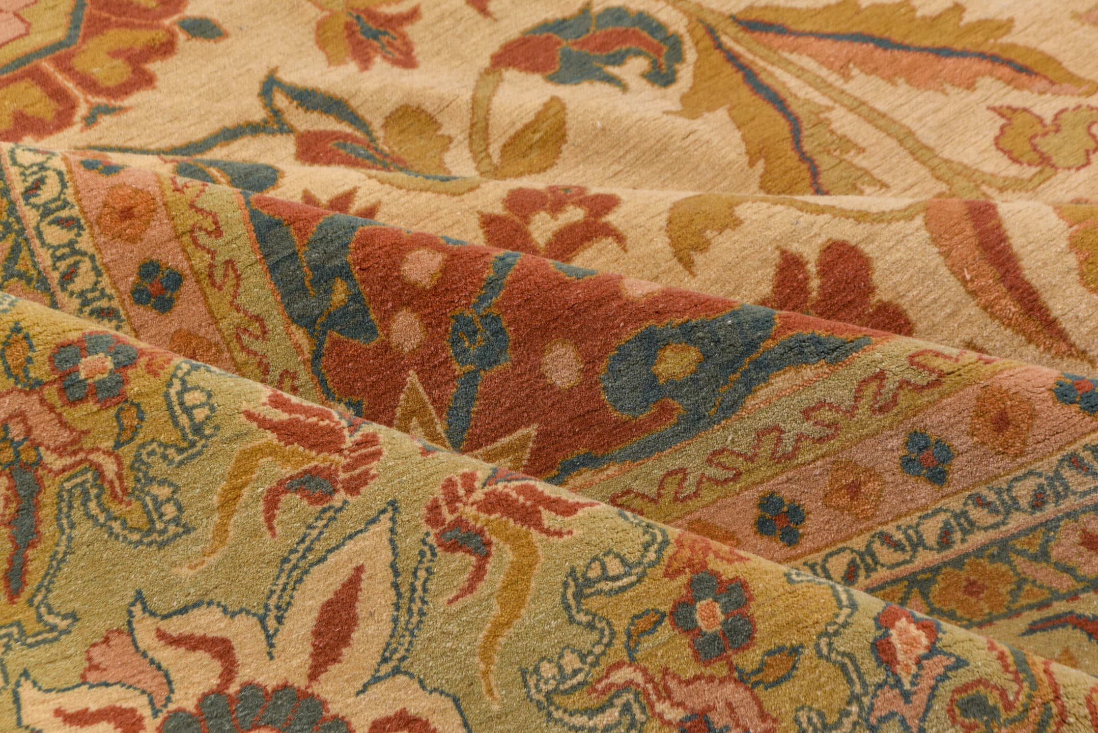 13' x 16' one-of-a-kind handmade vintage Sultanabad oversize rug. Color palette: ivory, beige, terra cotta, sage, gold, teal