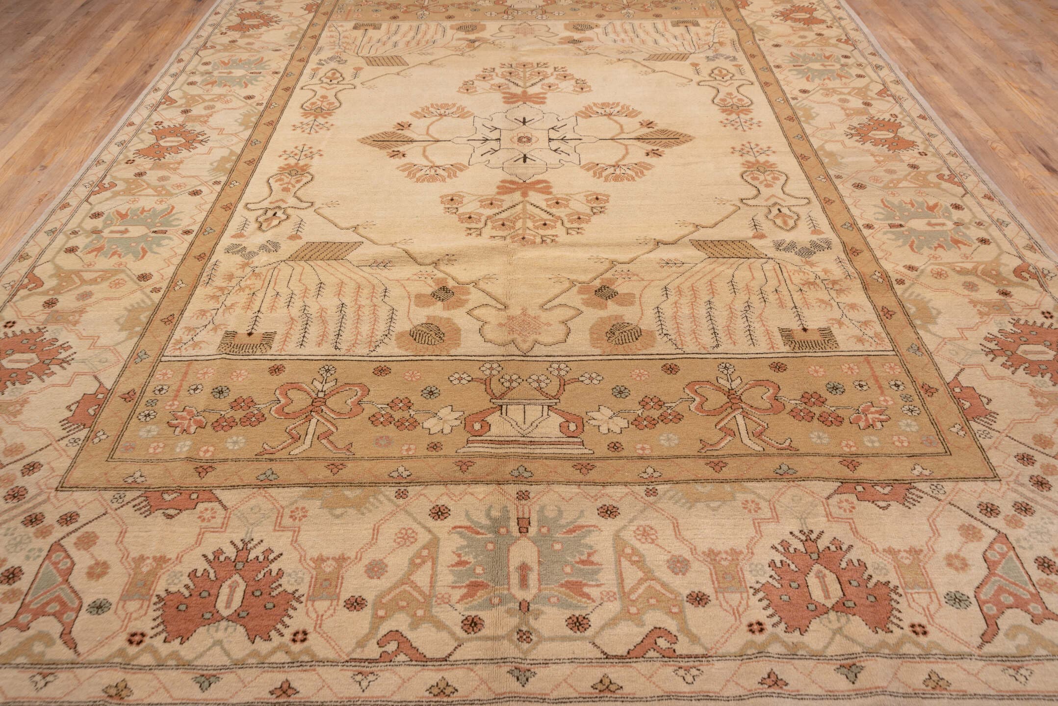 10' x 13' one-of-a-kind handmade vintage Oushak large size rug. Color palette: ivory, beige, blush, sage, terra cotta, taupe