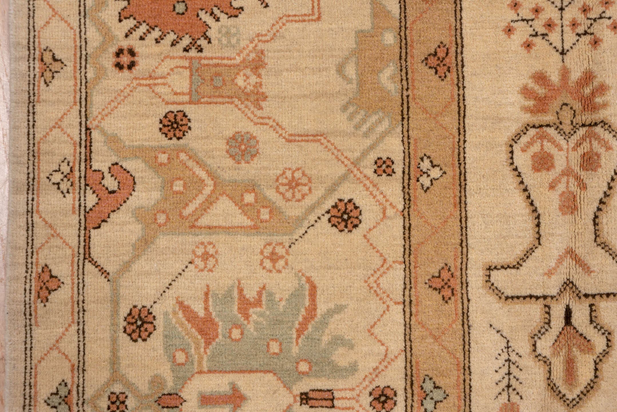 10' x 13' one-of-a-kind handmade vintage Oushak large size rug. Color palette: ivory, beige, blush, sage, terra cotta, taupe