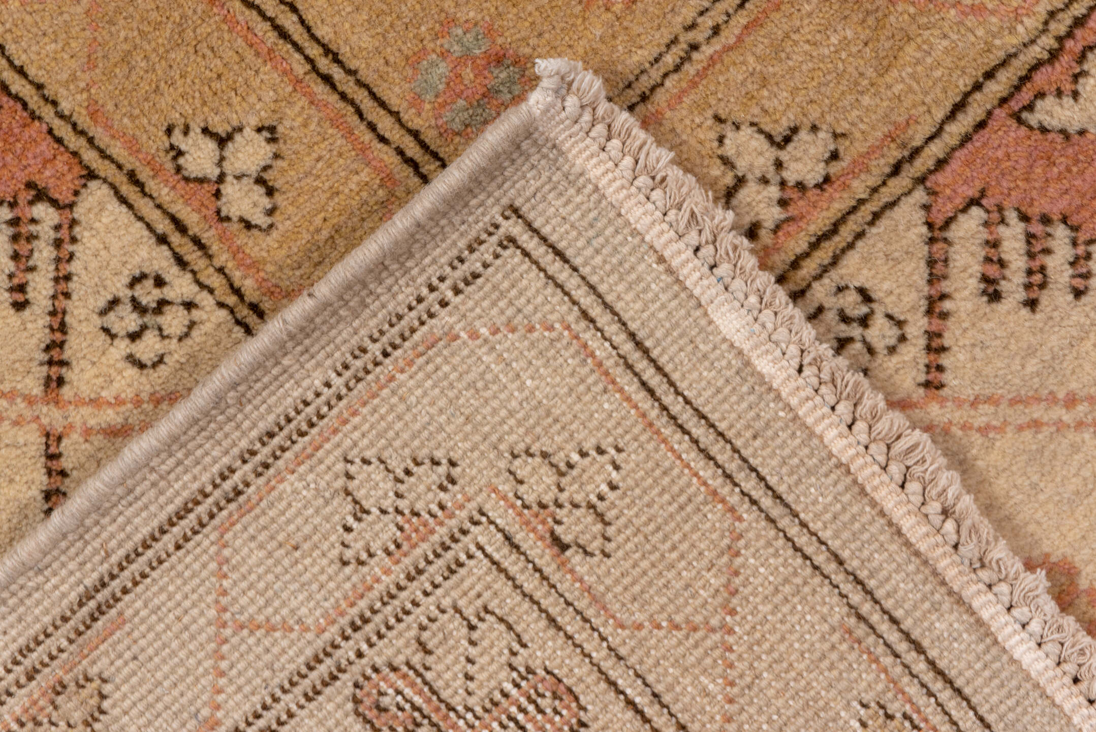 10' x 13' one-of-a-kind handmade vintage Oushak large size rug. Color palette: brown, burlywood, tan, yellow