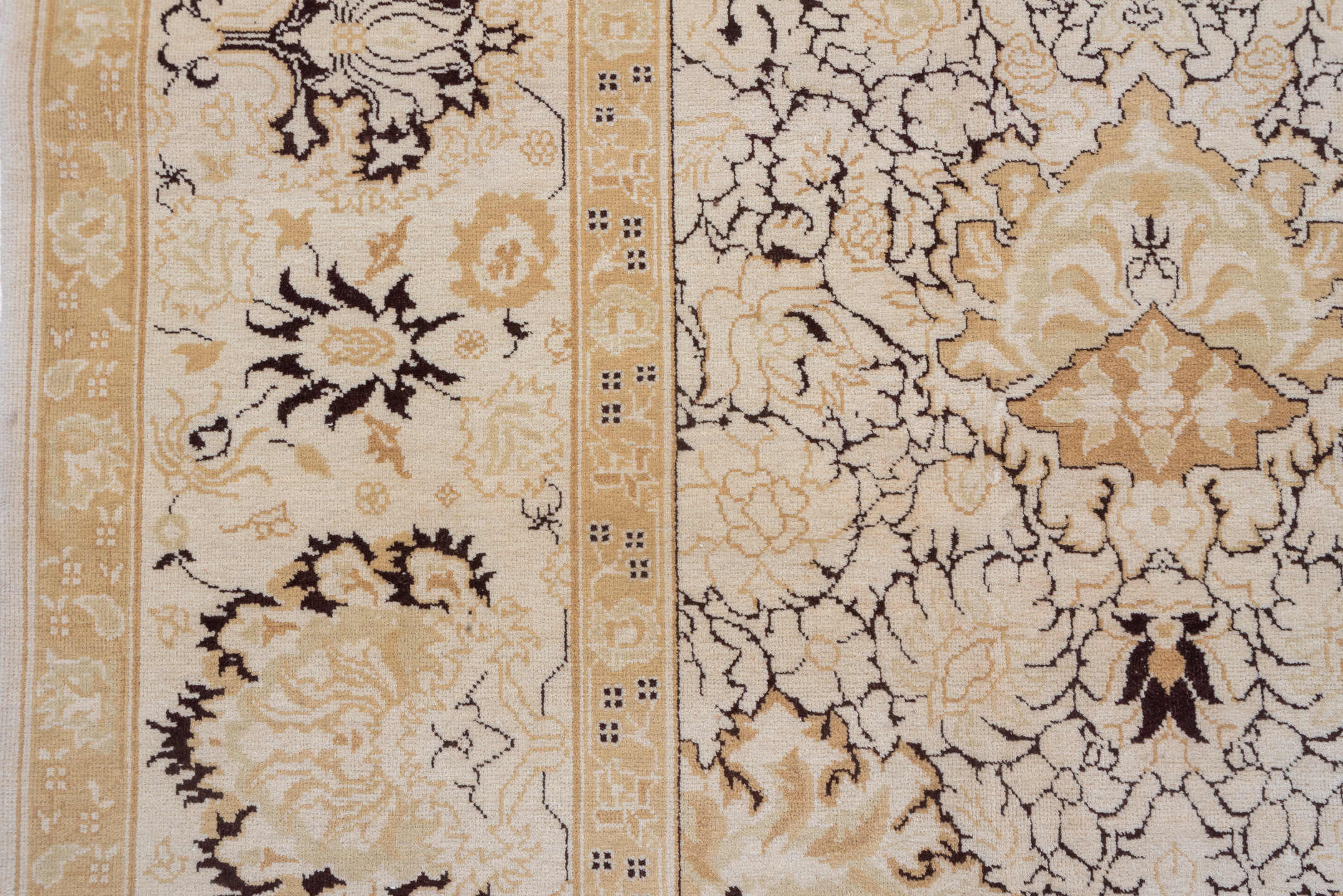 10' x 13' one-of-a-kind handmade vintage Agra large size rug. Color palette: ivory, beige, taupe, brown, camel, gray