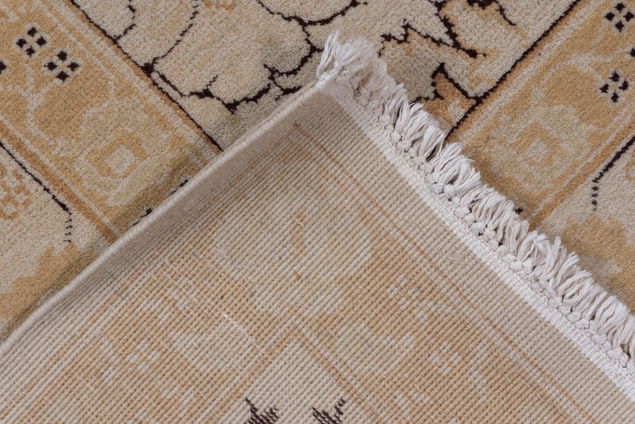 10' x 13' one-of-a-kind handmade vintage Agra large size rug. Color palette: ivory, beige, taupe, brown, camel, gray