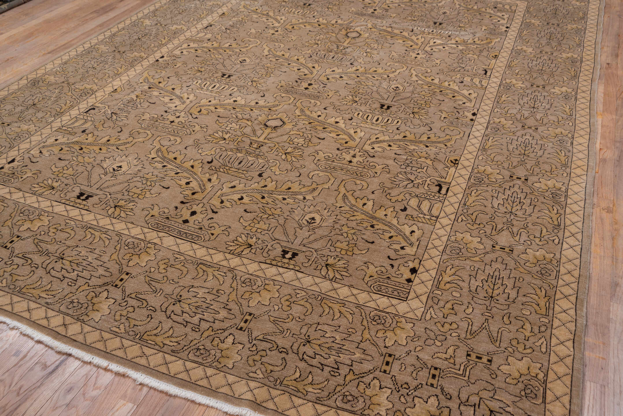 10' x 13' one-of-a-kind handmade vintage Khotan large size rug. Color palette: taupe, beige, camel, brown, ivory, charcoal
