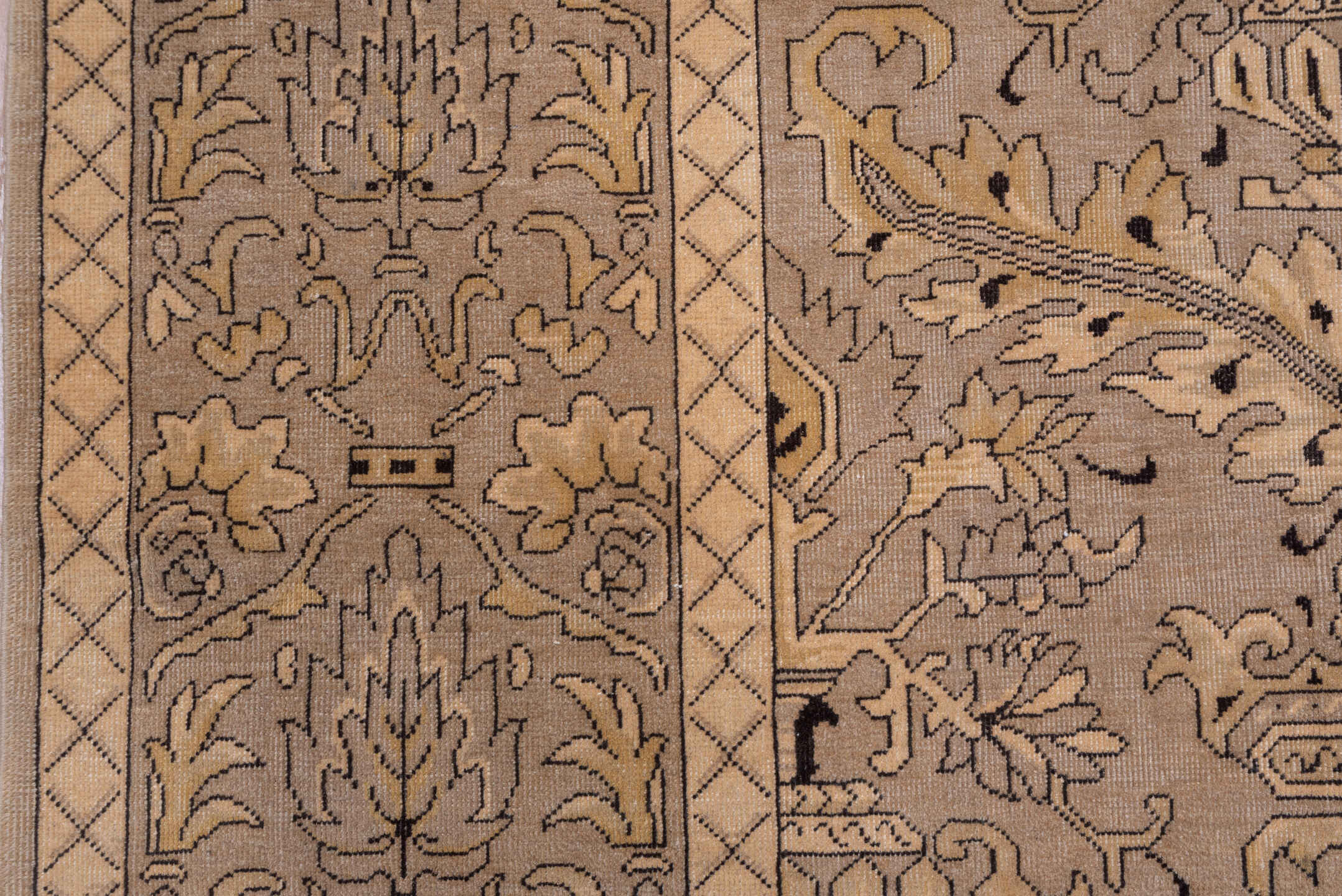 10' x 13' one-of-a-kind handmade vintage Khotan large size rug. Color palette: taupe, beige, camel, brown, ivory, charcoal