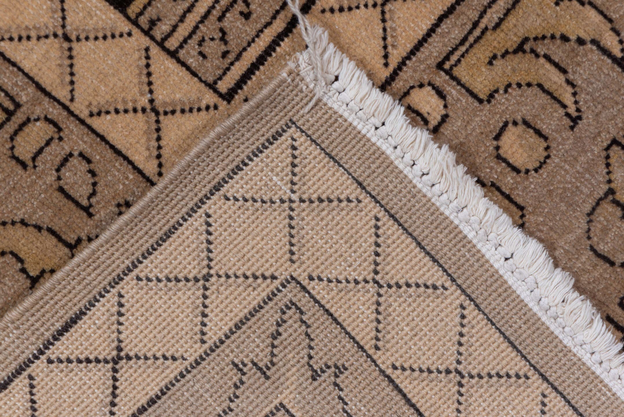 10' x 13' one-of-a-kind handmade vintage Khotan large size rug. Color palette: taupe, beige, camel, brown, ivory, charcoal