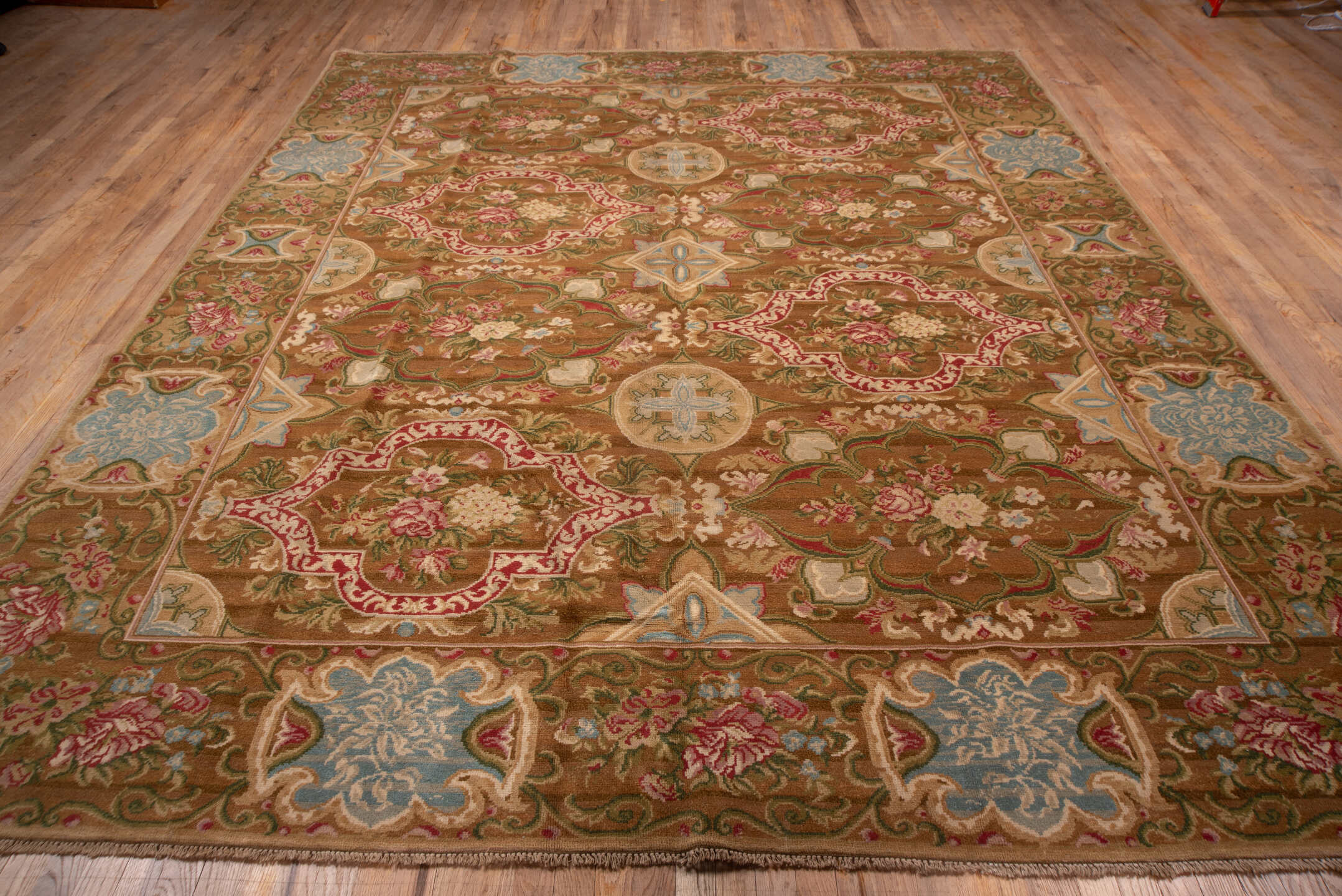 9' x 11' one-of-a-kind handmade vintage Savonnerie large size rug. Color palette: camel, rose, ivory, powder_blue, sage