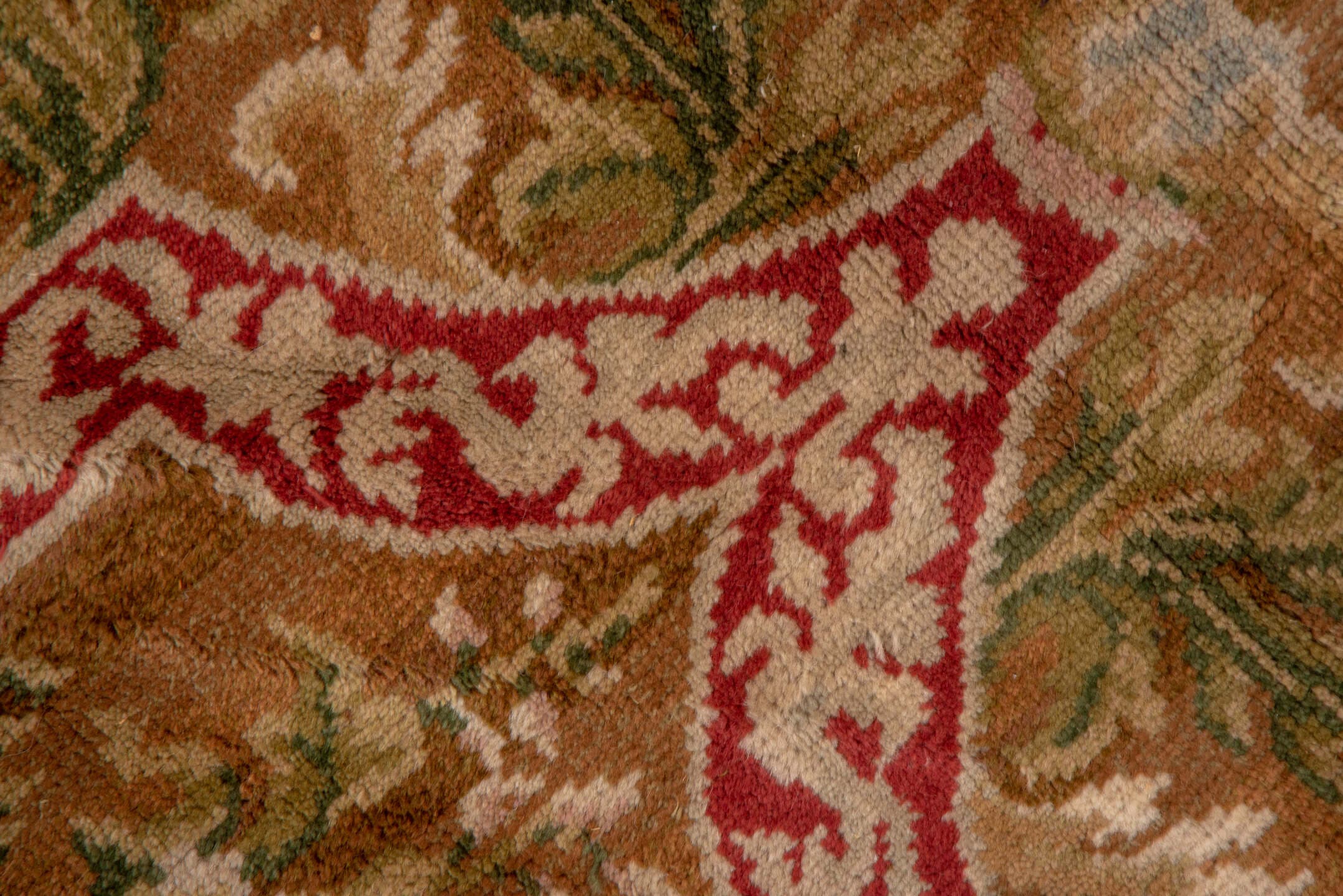 9' x 11' one-of-a-kind handmade vintage Savonnerie large size rug. Color palette: camel, rose, ivory, powder_blue, sage