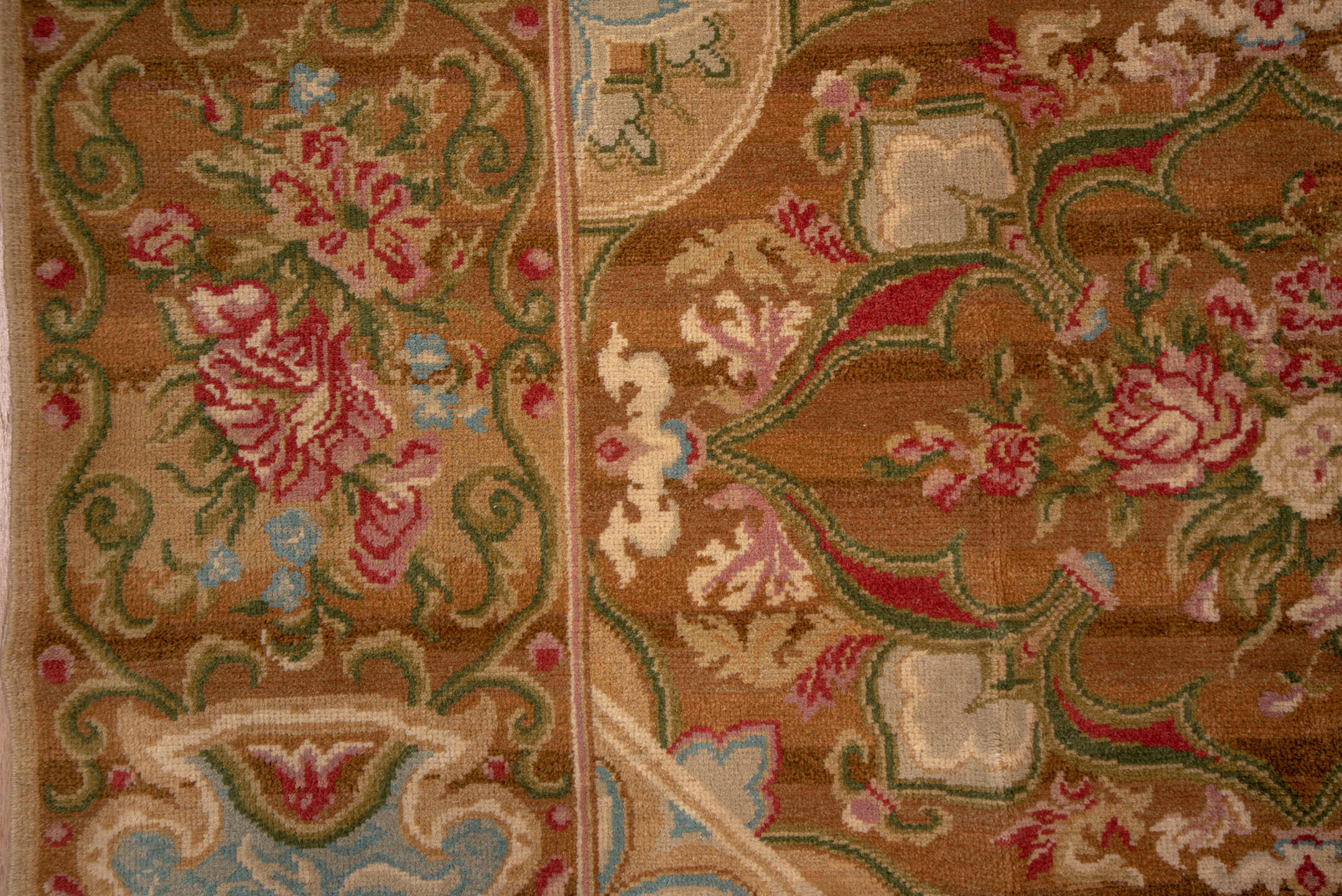 9' x 11' one-of-a-kind handmade vintage Savonnerie large size rug. Color palette: camel, rose, ivory, powder_blue, sage