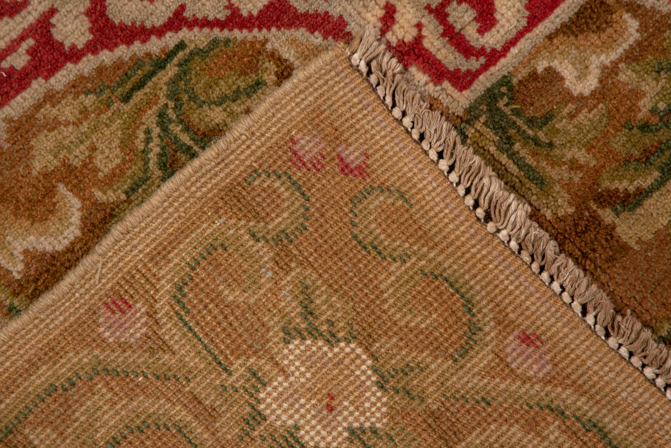 9' x 11' one-of-a-kind handmade vintage Savonnerie large size rug. Color palette: camel, rose, ivory, powder_blue, sage