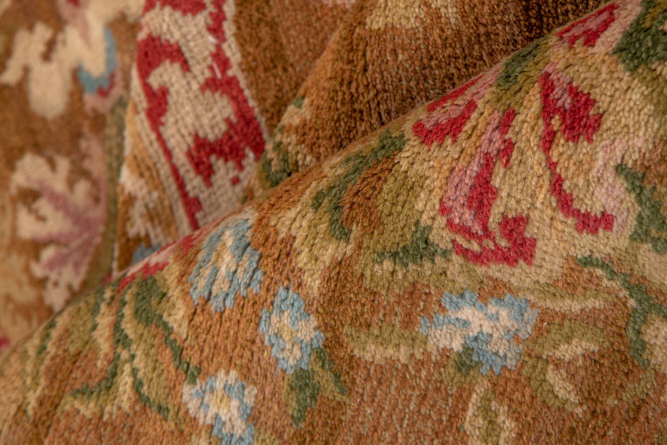 9' x 11' one-of-a-kind handmade vintage Savonnerie large size rug. Color palette: camel, rose, ivory, powder_blue, sage