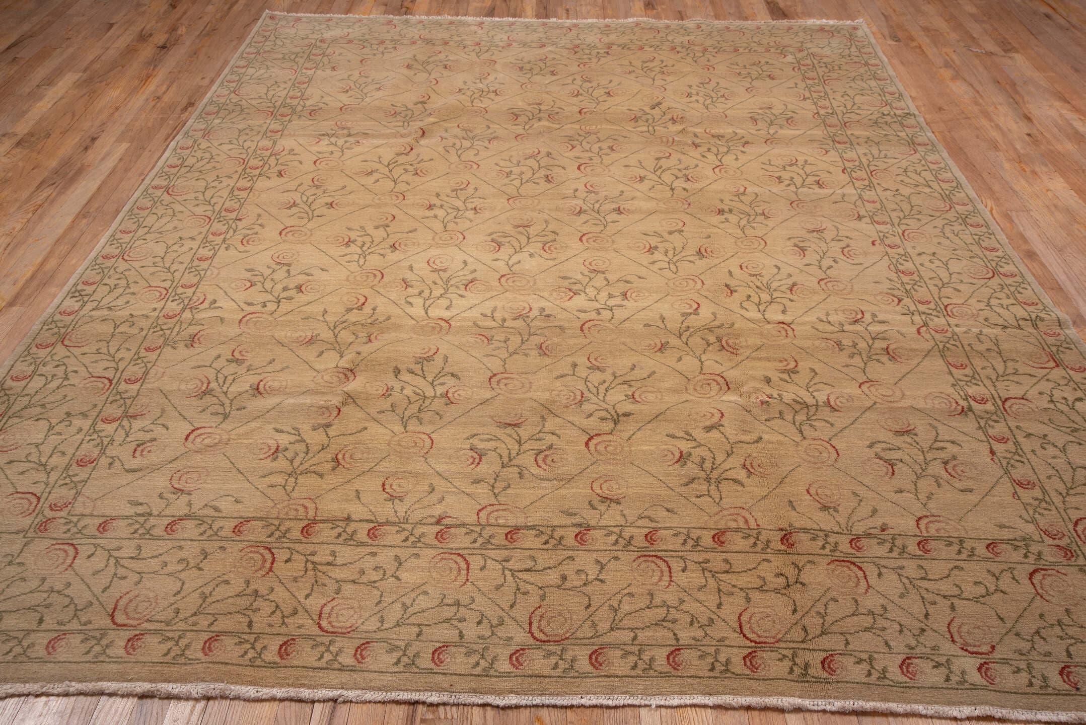 8' x 10' one-of-a-kind handmade vintage Aubusson large size rug. Color palette: beige, camel, rose, olive, taupe, pink, red