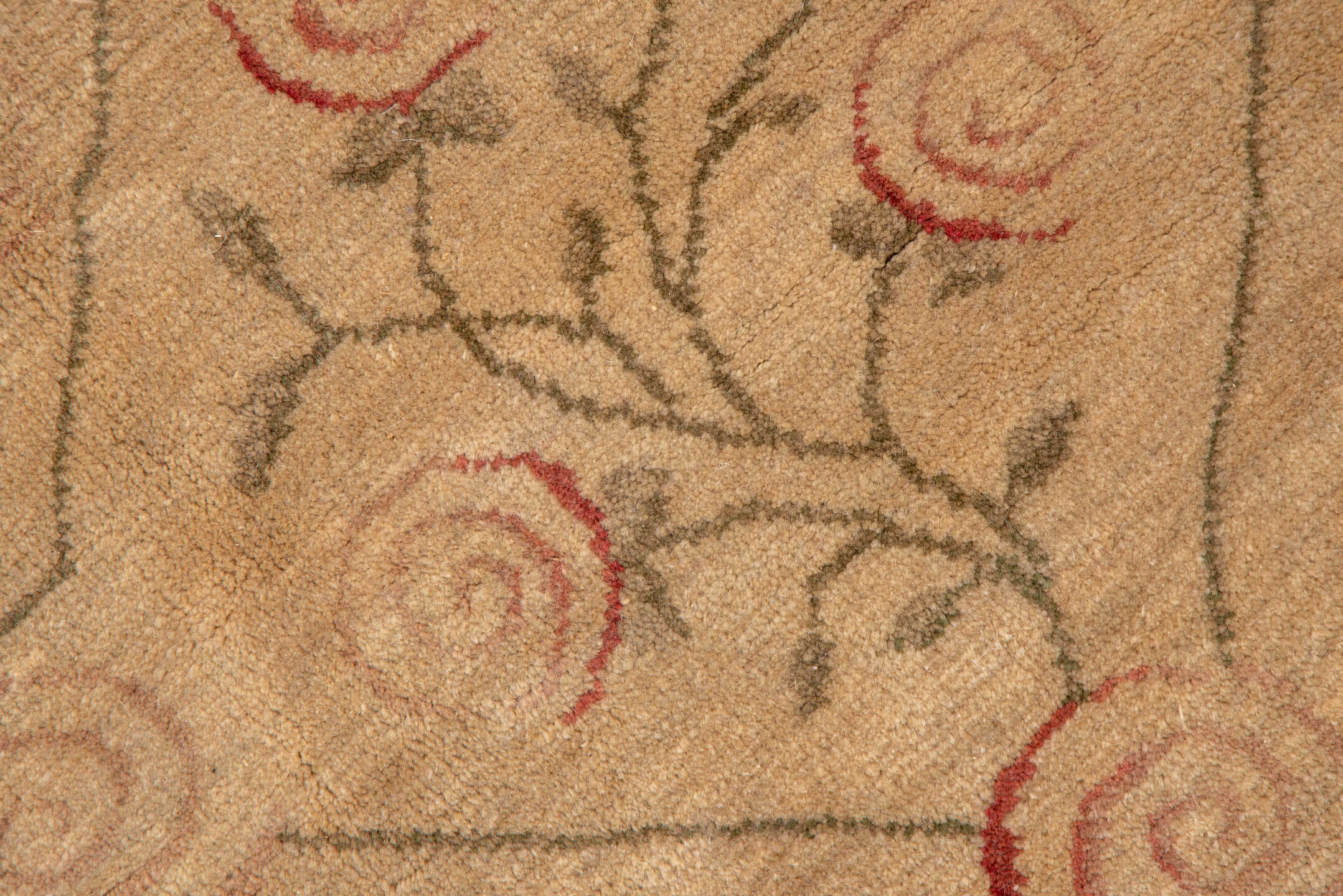 8' x 10' one-of-a-kind handmade vintage Aubusson large size rug. Color palette: beige, camel, rose, olive, taupe, pink, red