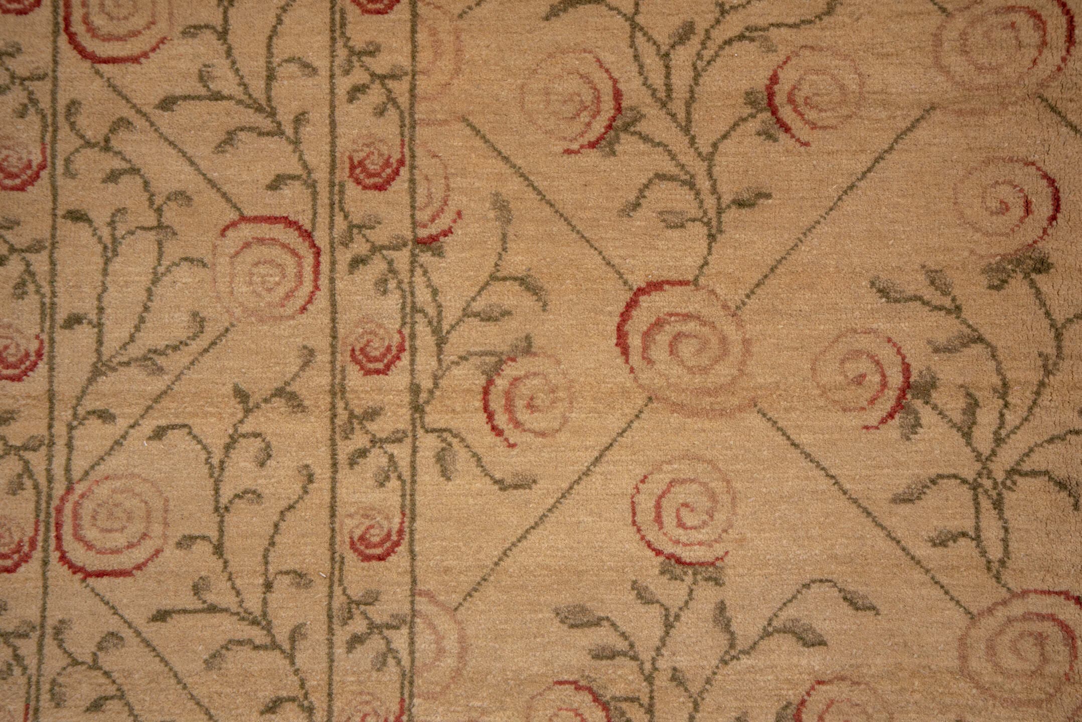 8' x 10' one-of-a-kind handmade vintage Aubusson large size rug. Color palette: beige, camel, rose, olive, taupe, pink, red