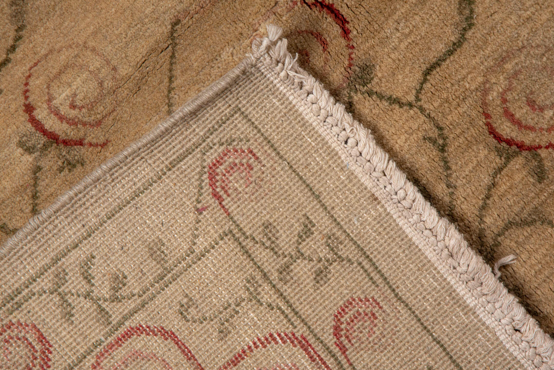 8' x 10' one-of-a-kind handmade vintage Aubusson large size rug. Color palette: beige, camel, rose, olive, taupe, pink, red