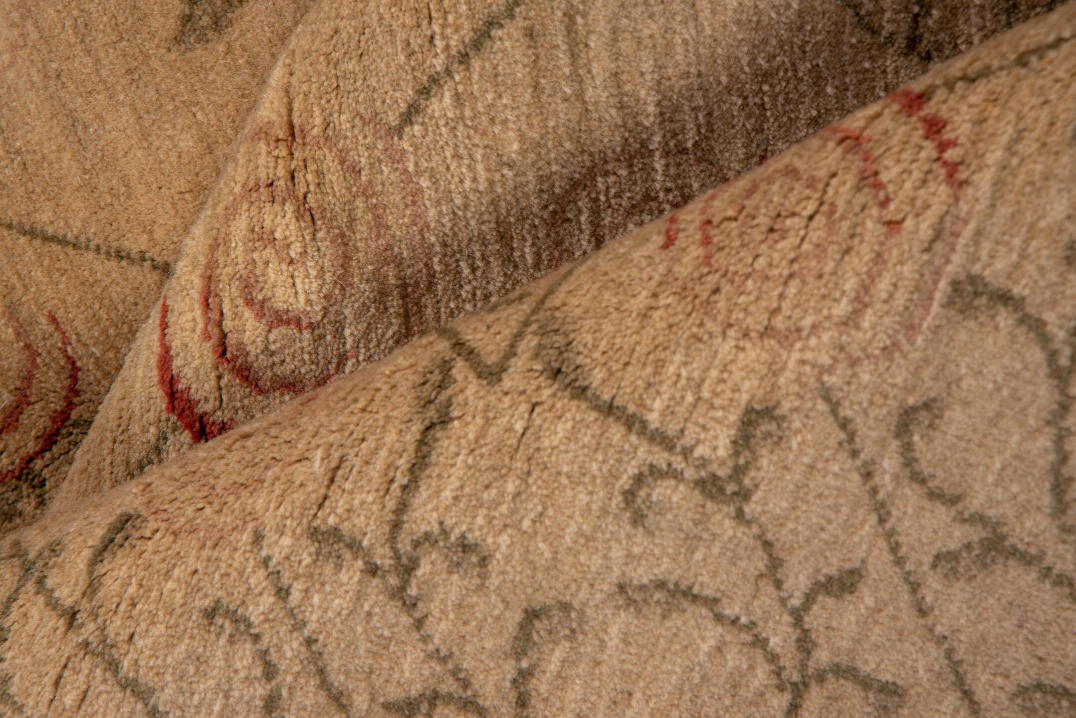 8' x 10' one-of-a-kind handmade vintage Aubusson large size rug. Color palette: beige, camel, rose, olive, taupe, pink, red