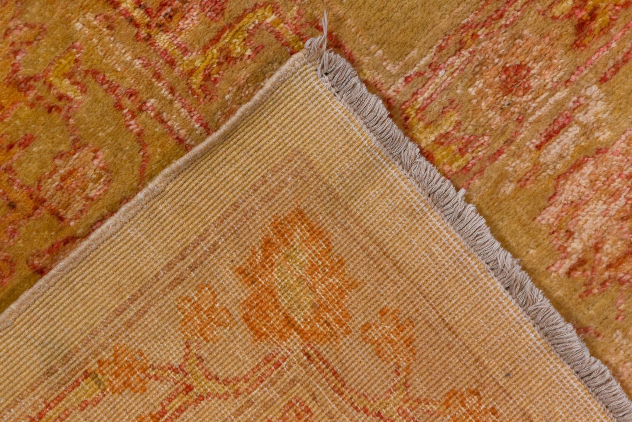 10' x 12' one-of-a-kind handmade vintage Oushak large size rug. Color palette: tan, blush, camel, gold, ivory, rose, beige