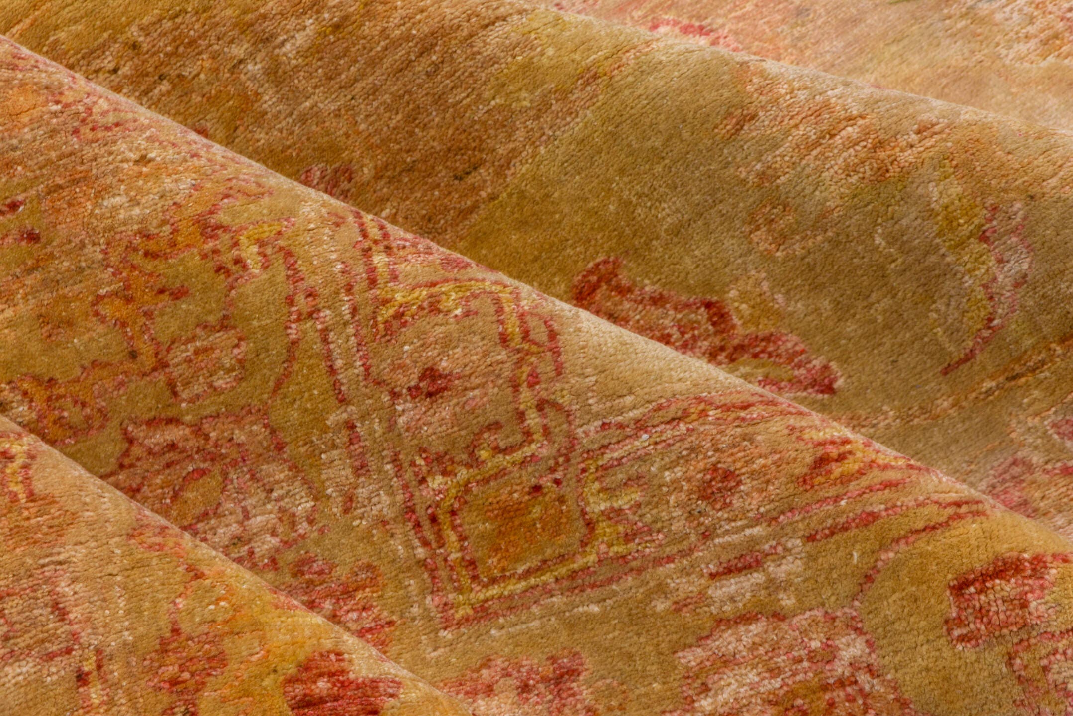 10' x 12' one-of-a-kind handmade vintage Oushak large size rug. Color palette: tan, blush, camel, gold, ivory, rose, beige