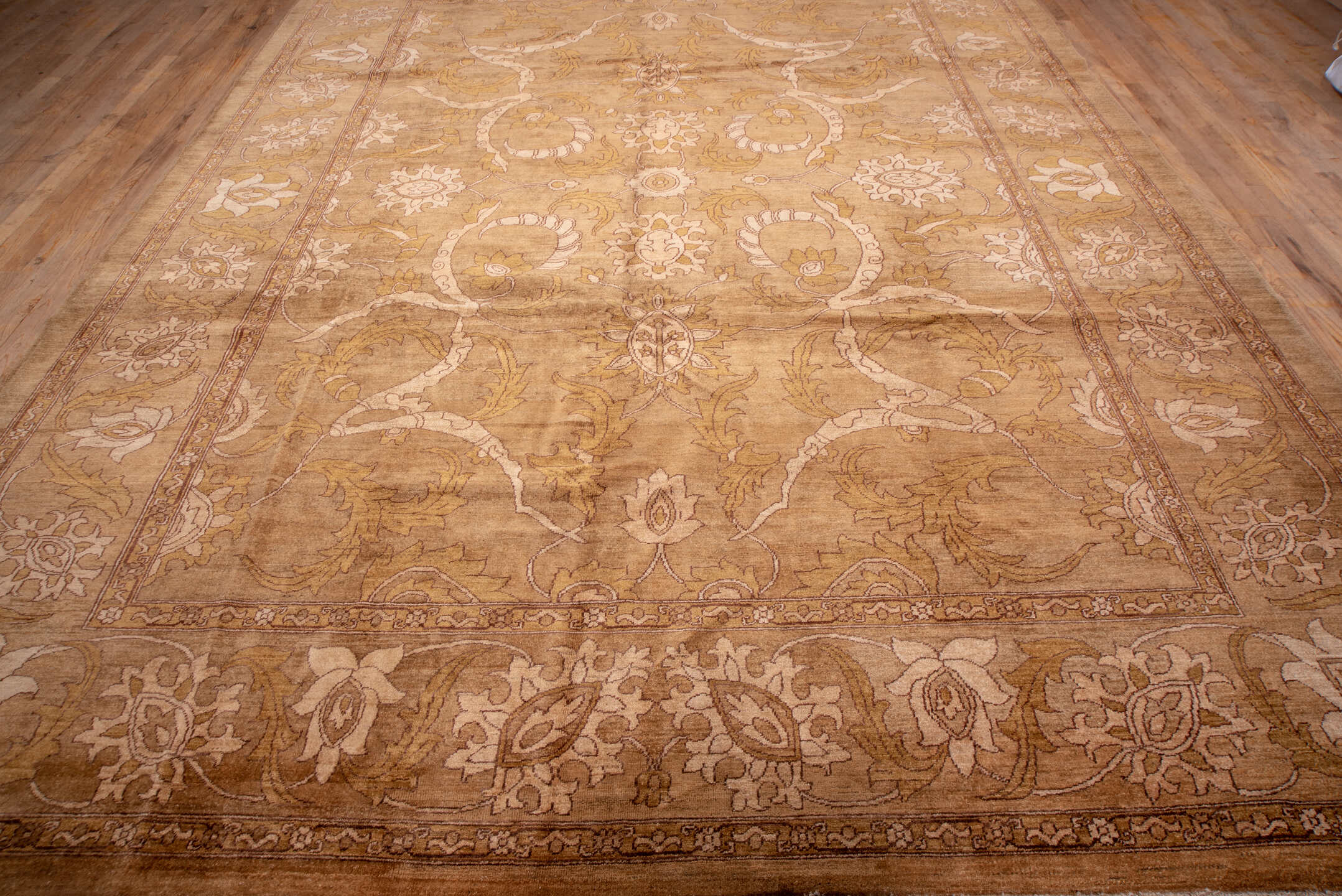 10' x 13' one-of-a-kind handmade vintage Amritzar large size rug. Color palette: brown, burlywood, orange, pink, yellow