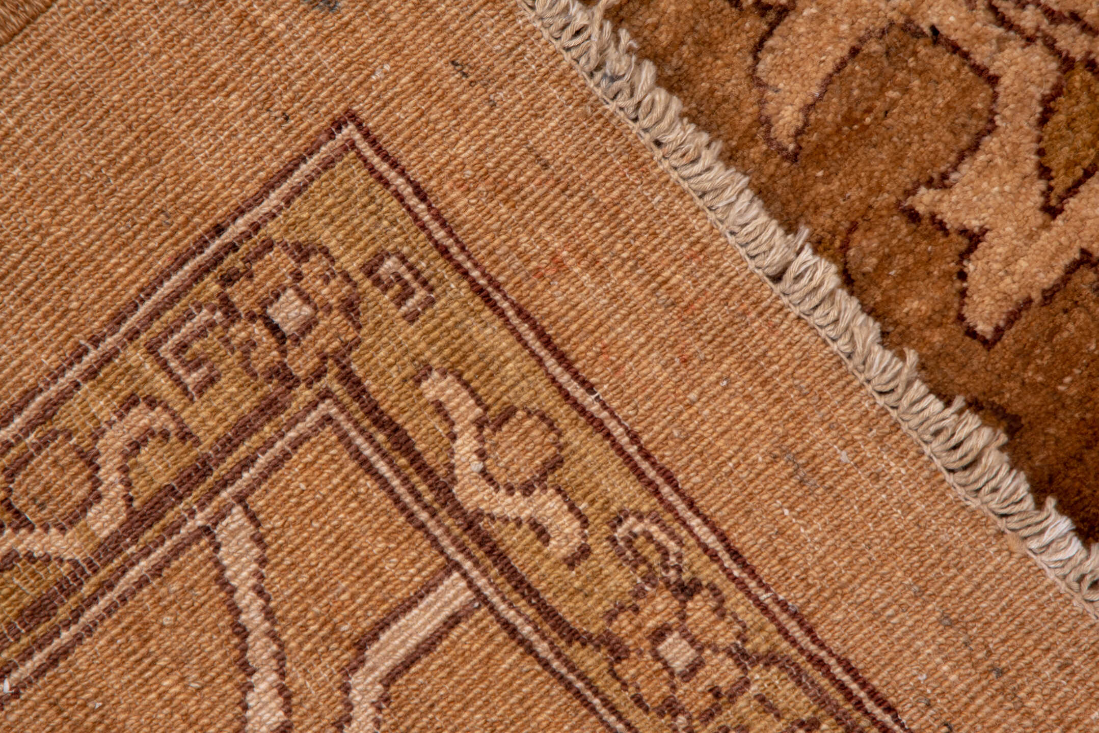10' x 13' one-of-a-kind handmade vintage Amritzar large size rug. Color palette: brown, burlywood, orange, pink, yellow
