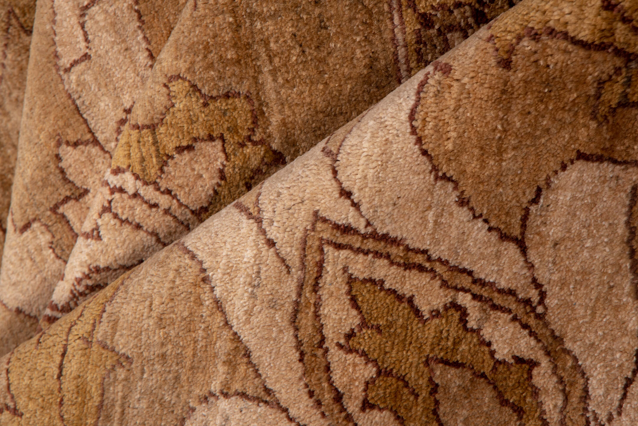 10' x 13' one-of-a-kind handmade vintage Amritzar large size rug. Color palette: brown, burlywood, orange, pink, yellow