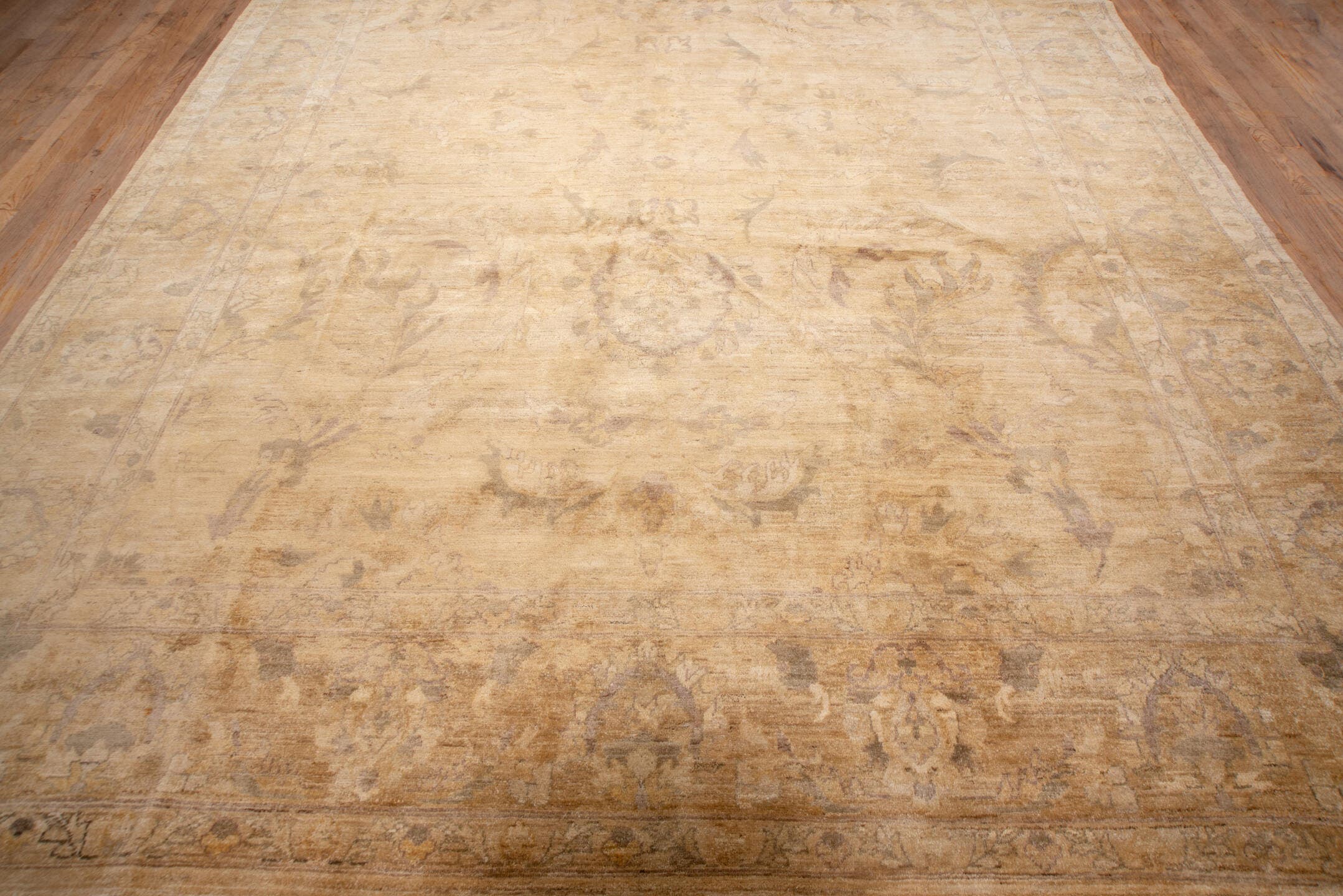 9' x 13' one-of-a-kind handmade vintage Oushak large size rug. Color palette: gold, camel, ivory, taupe, beige, gray