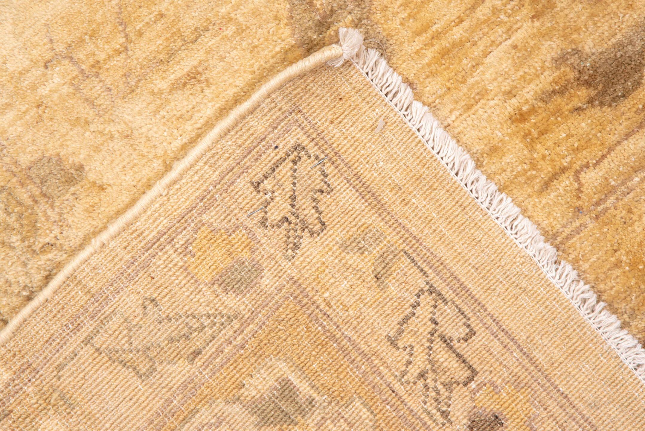 9' x 13' one-of-a-kind handmade vintage Oushak large size rug. Color palette: gold, camel, ivory, taupe, beige, gray