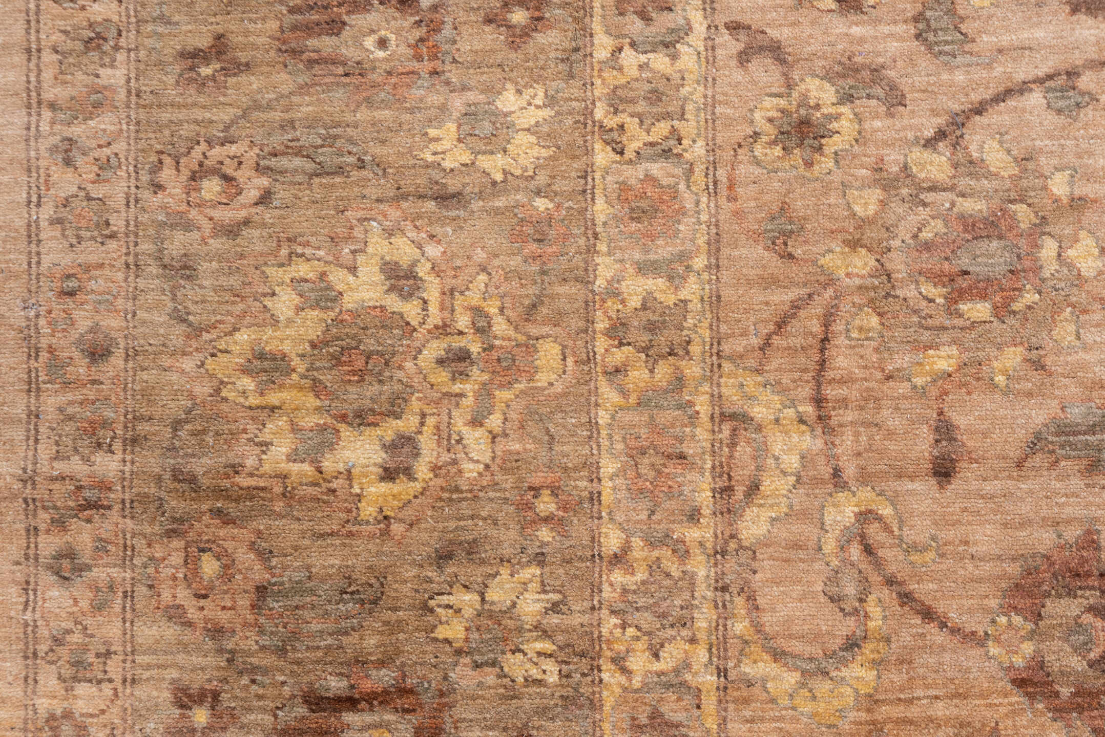 9' x 13' one-of-a-kind handmade vintage Sultanabad large size rug. Color palette: taupe, rose, terra cotta, camel, sage
