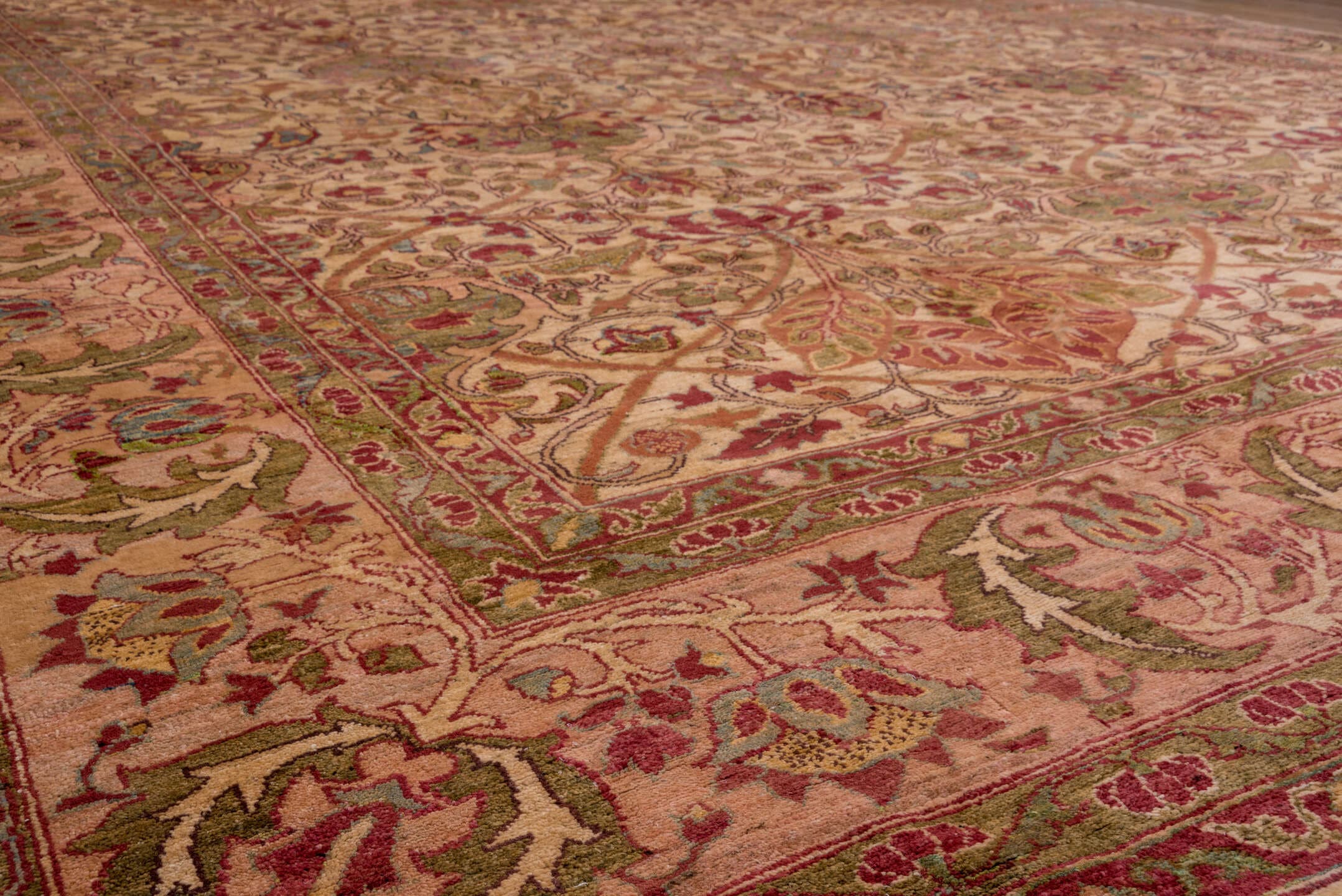 11' x 14' one-of-a-kind handmade vintage Sultanabad oversize rug. Color palette: blush, ivory, rose, olive, sage, burgundy