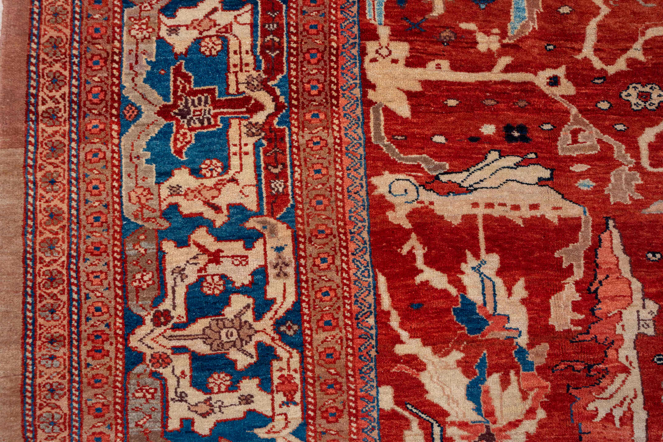 9' x 13' one-of-a-kind handmade vintage Sultanabad large size rug. Color palette: rust, ivory, blue, terra cotta, beige