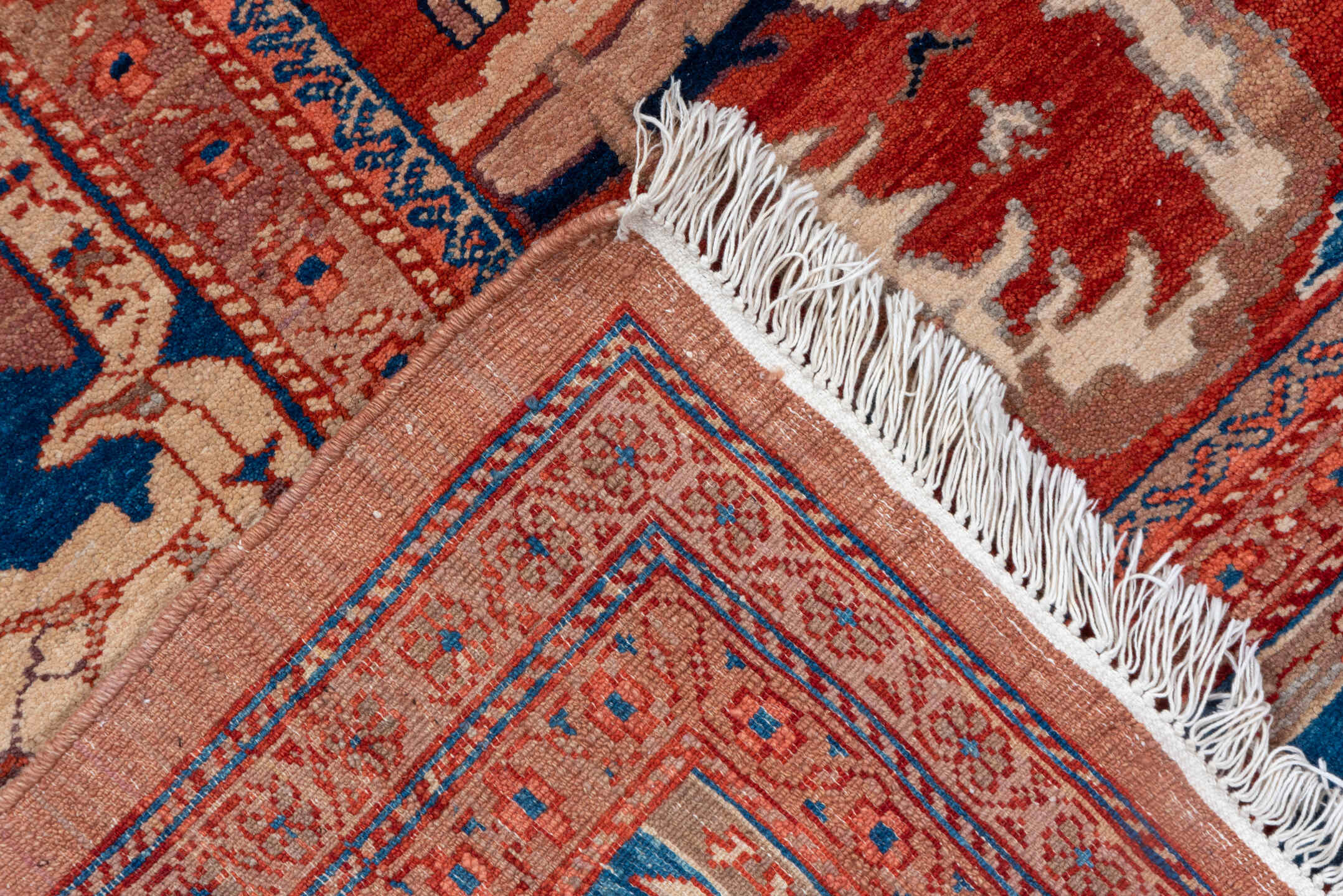 9' x 13' one-of-a-kind handmade vintage Sultanabad large size rug. Color palette: rust, ivory, blue, terra cotta, beige