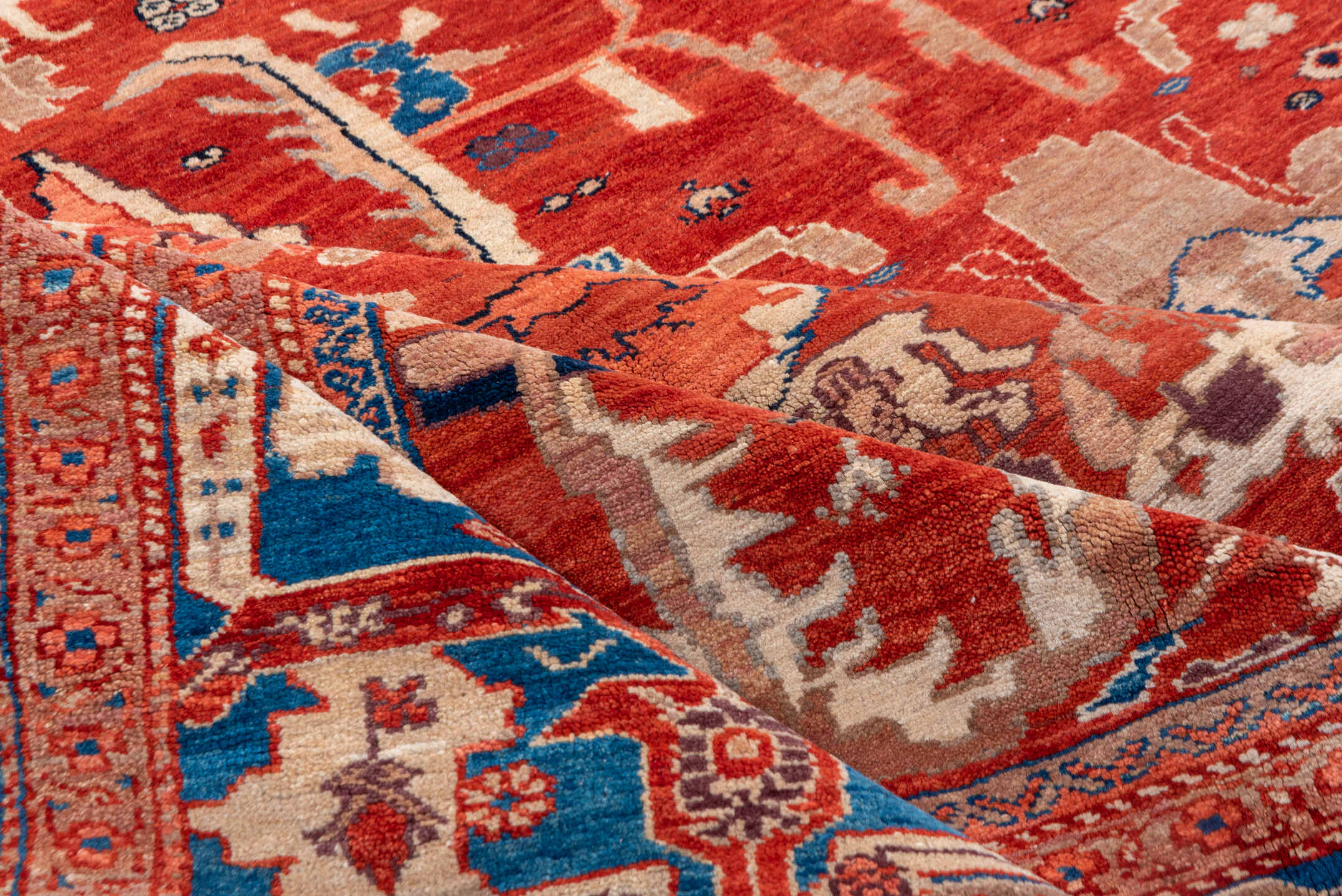 9' x 13' one-of-a-kind handmade vintage Sultanabad large size rug. Color palette: rust, ivory, blue, terra cotta, beige