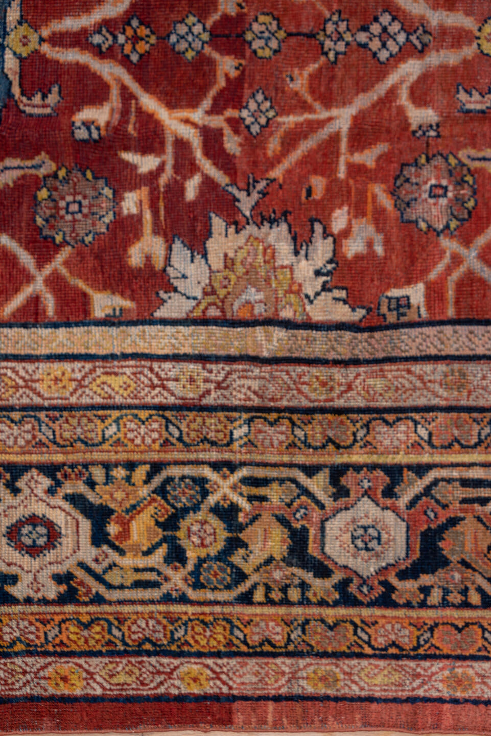 10' x 15' one-of-a-kind handmade antique Mahal rug. Color palette: terra cotta, navy, ivory, rust, gold, camel, sienna