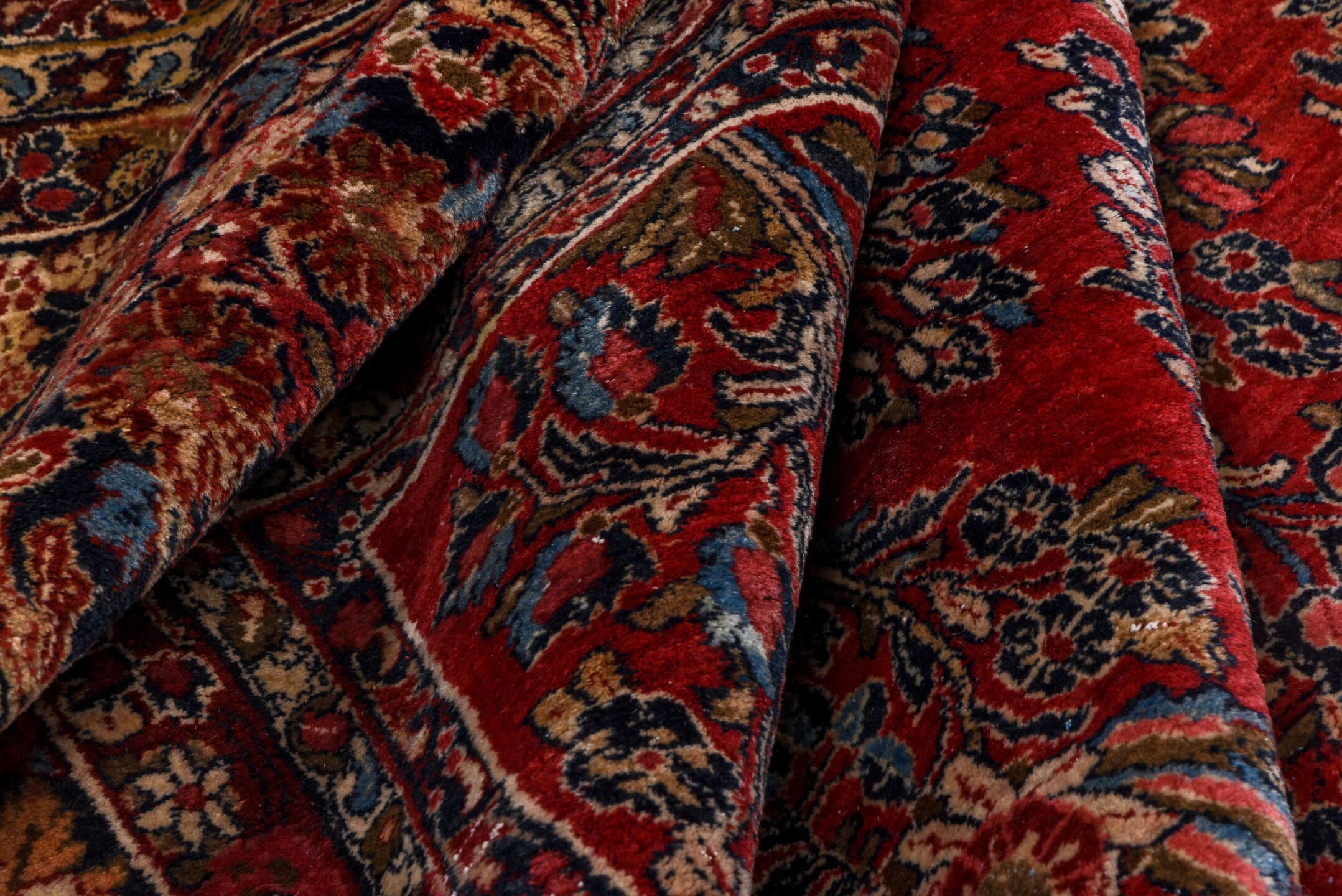 12' x 19' one-of-a-kind handmade vintage Sarouk oversize rug. Color palette: red, navy, ivory, rose, soft blue, burgundy