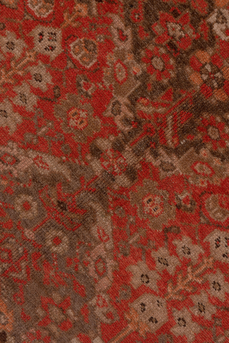 5' x 13' one-of-a-kind handmade antique Malayer rug. Color palette: rust, ivory, brown, terra cotta, charcoal, rose, taupe
